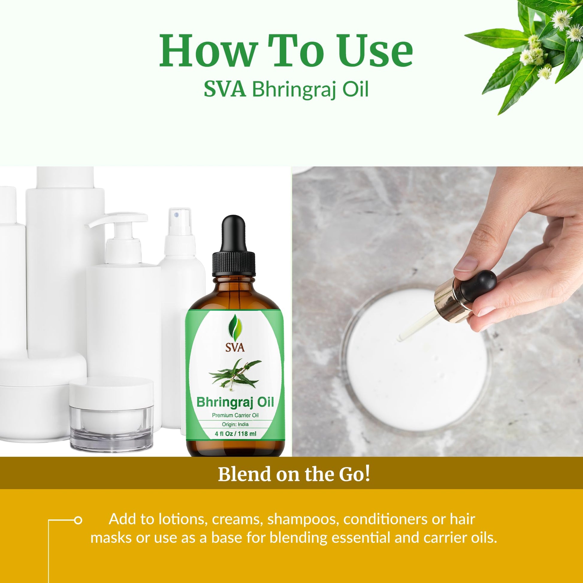 SVA Bhringraj Premium Carrier Oil 4oz (118ml) With Dropper for Hair Oiling, Scalp Massage & Skin Care - Medaid International