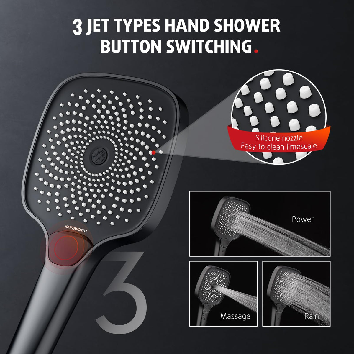 Rainsworth Shower System With Thermostat and Glass Shelf - Black Complete Set With Rain Shower 26 x 26 cm, Hand Shower 3 Jet Types and Lower Spout - Fitting With Tap