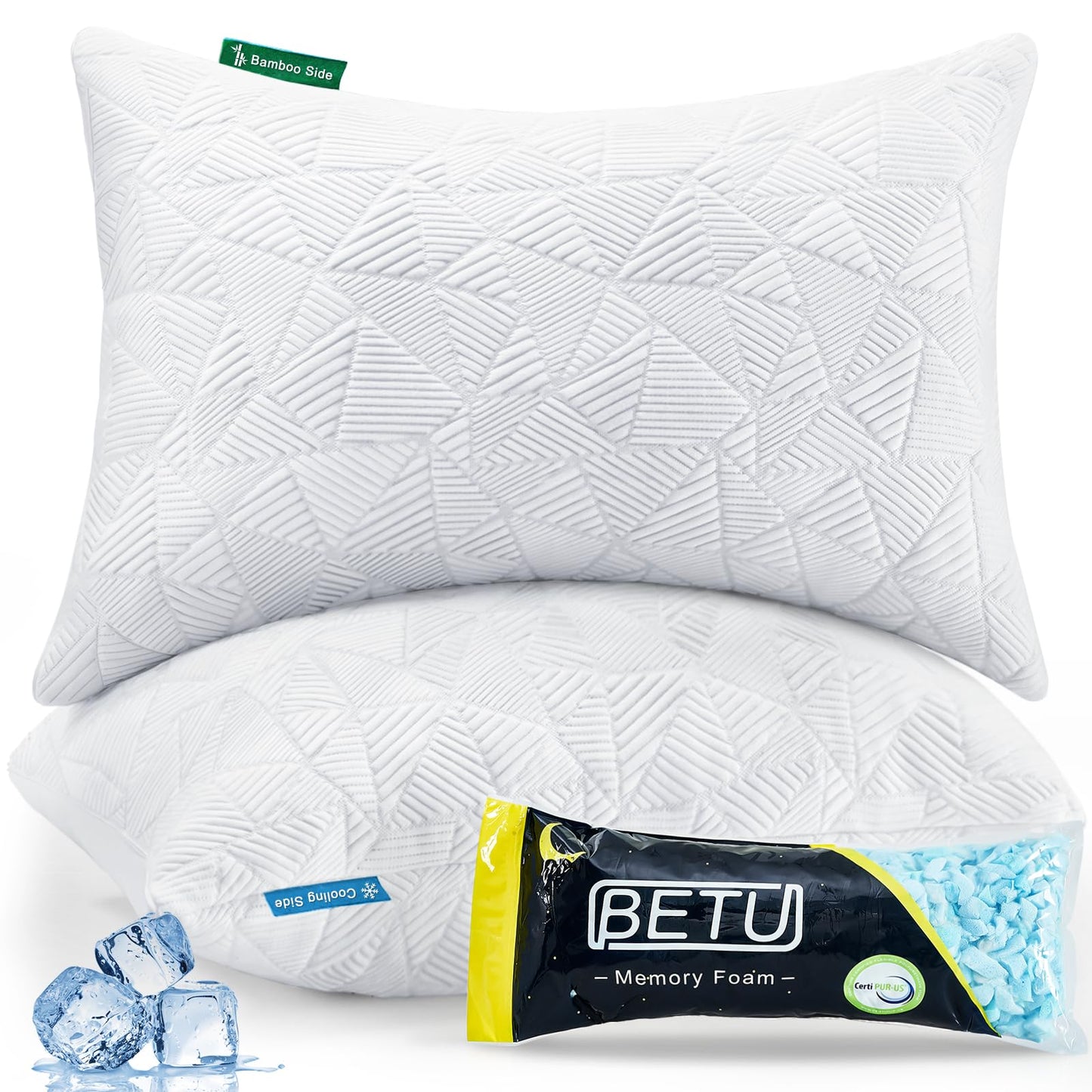 BETU Cooling Pillows Queen Size Set of 2, Shredded Memory Foam Pillows Cool for Hot Sleepers, Adjustable Firm Soft Support Bed Pillows Perfect for Back Neck Pain and Side Sleeping with Cover, White - Medaid International