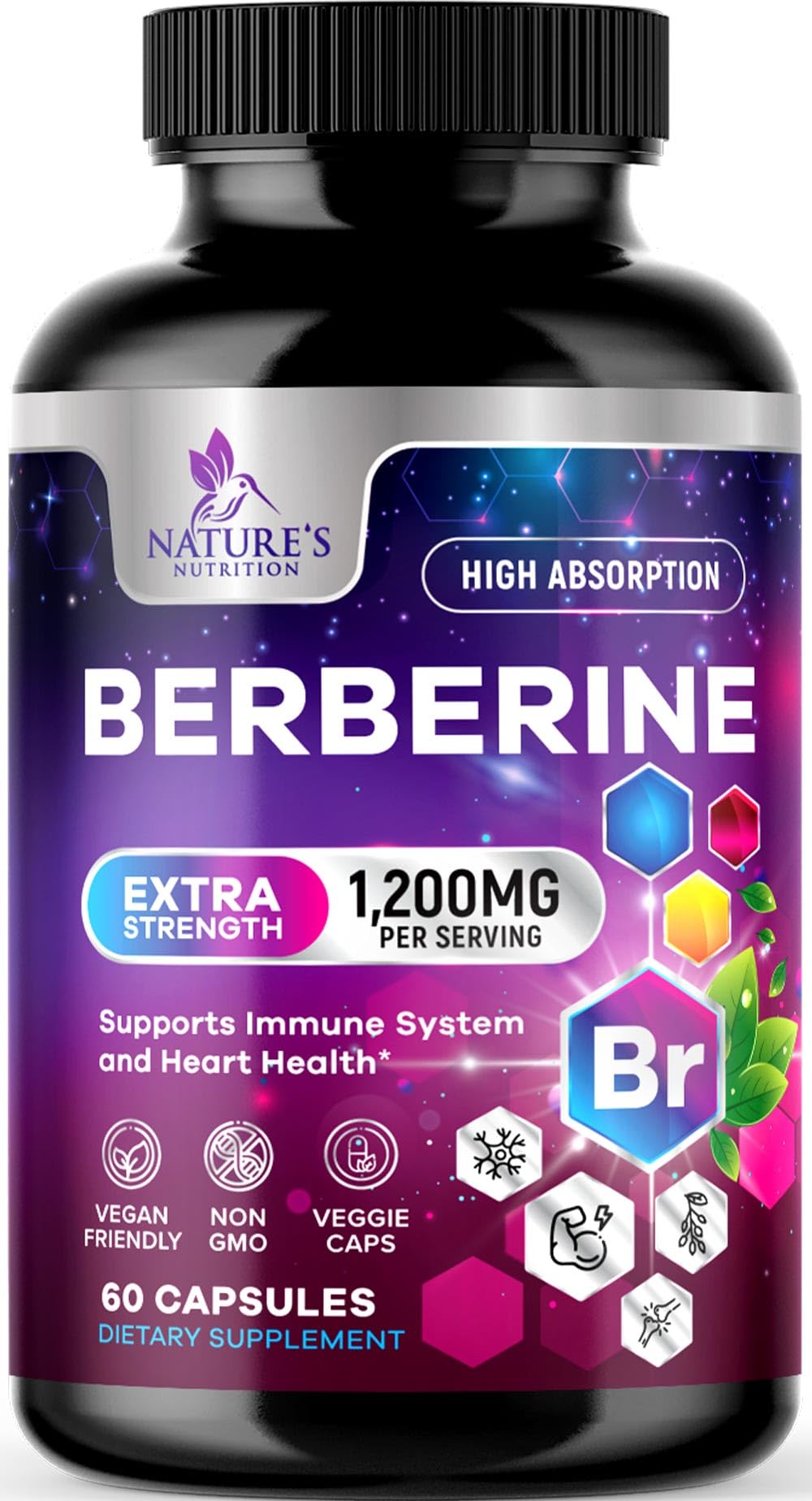 Berberine HCL 1200mg Supplement - Berberine HCI Capsules High Absorption Supplement for Heart Health & Immune Support, High Strength, Gluten-Free, Vegan, Non-GMO Pills - 60 Veggie Capsules - Medaid International