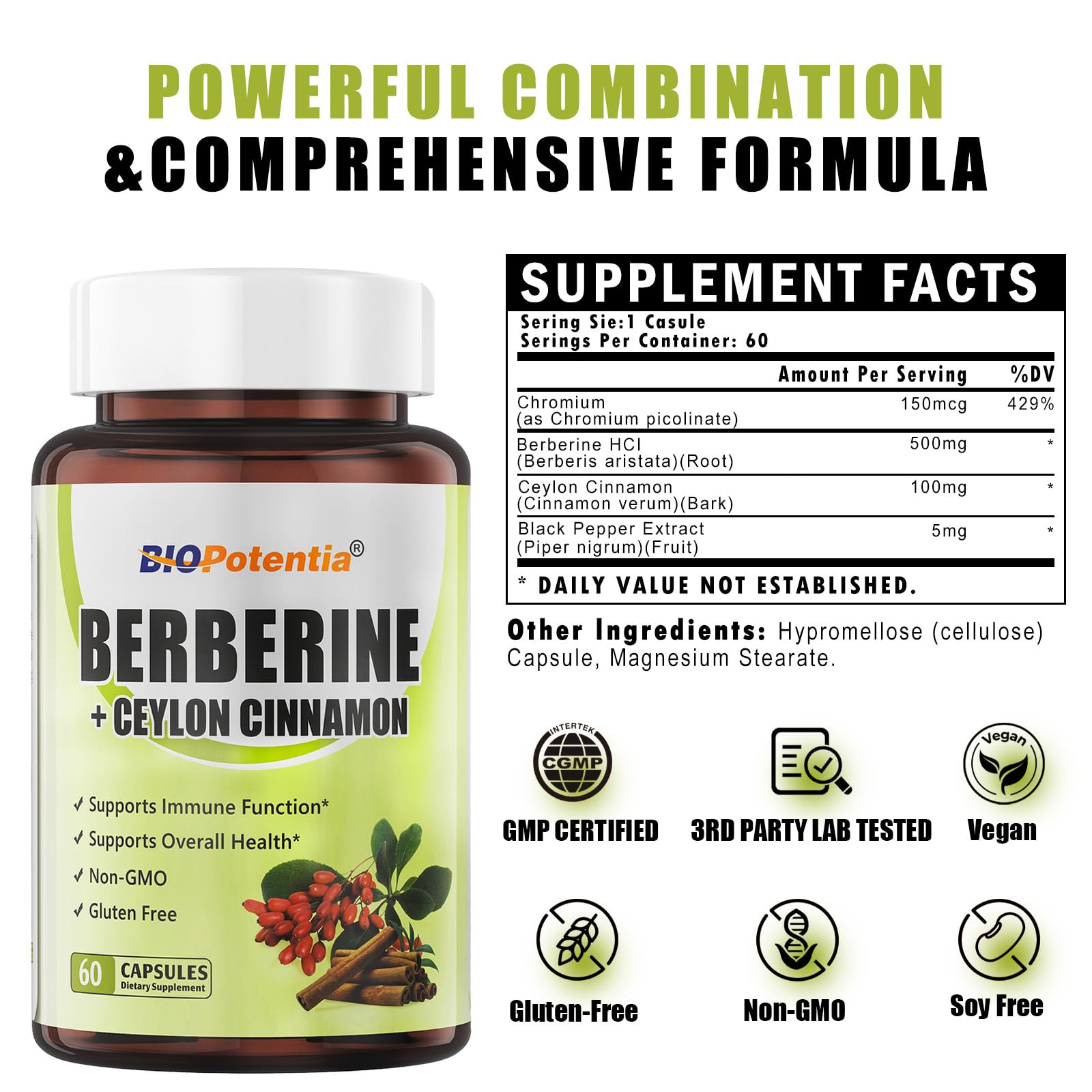 BIO POTENTIA Berberine Supplement - Berberine 500mg with Ceylon Cinnamon, Enhanced Absorption Fomula for Immune System & Metabolic Support Supplement | Non-GMO - 60 Capsules - Medaid International
