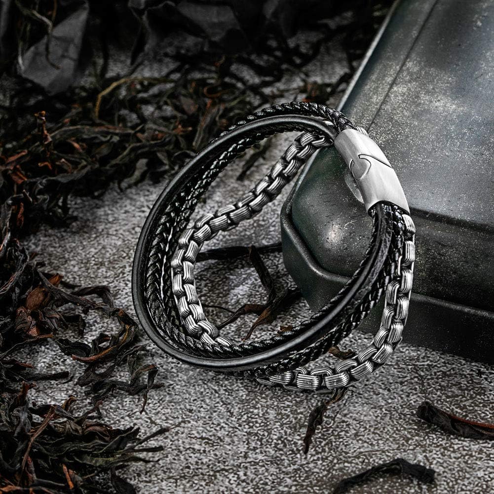 KASTWAVE Mens Bracelets, Adjustable Mens Leather Bracelet, Leather and Steel Bracelets, Chain Bracelets with Clasp, Steel Bracelets for Men
