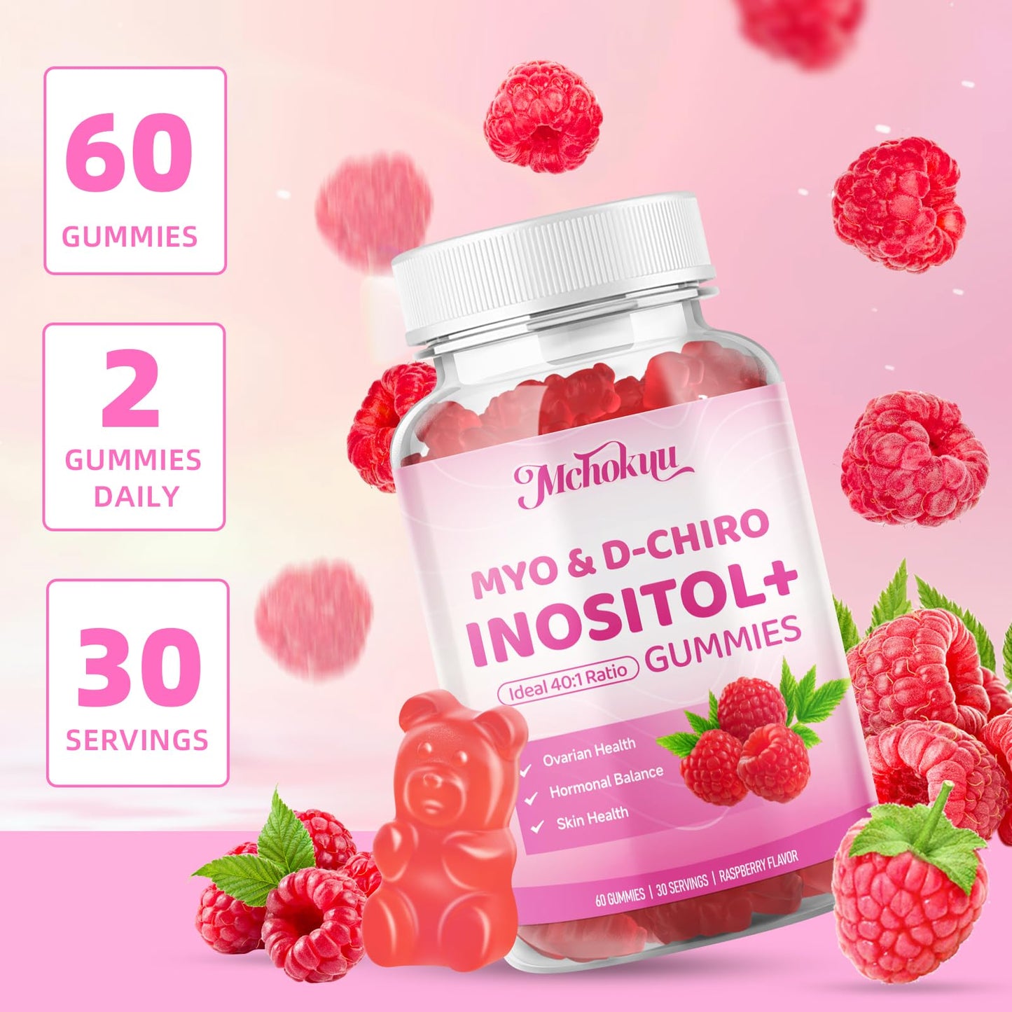 Mchokuu Myo-Inositol & D-Chiro Inositol Gummies, Ideal 40:1 Ratio Supplement for Women 2000mg 50mg with Vitamin D3 B12 for Hormonal Balance & Ovarian Health, Sugar Free, Raspberry Flavor, 60 Count - Medaid International