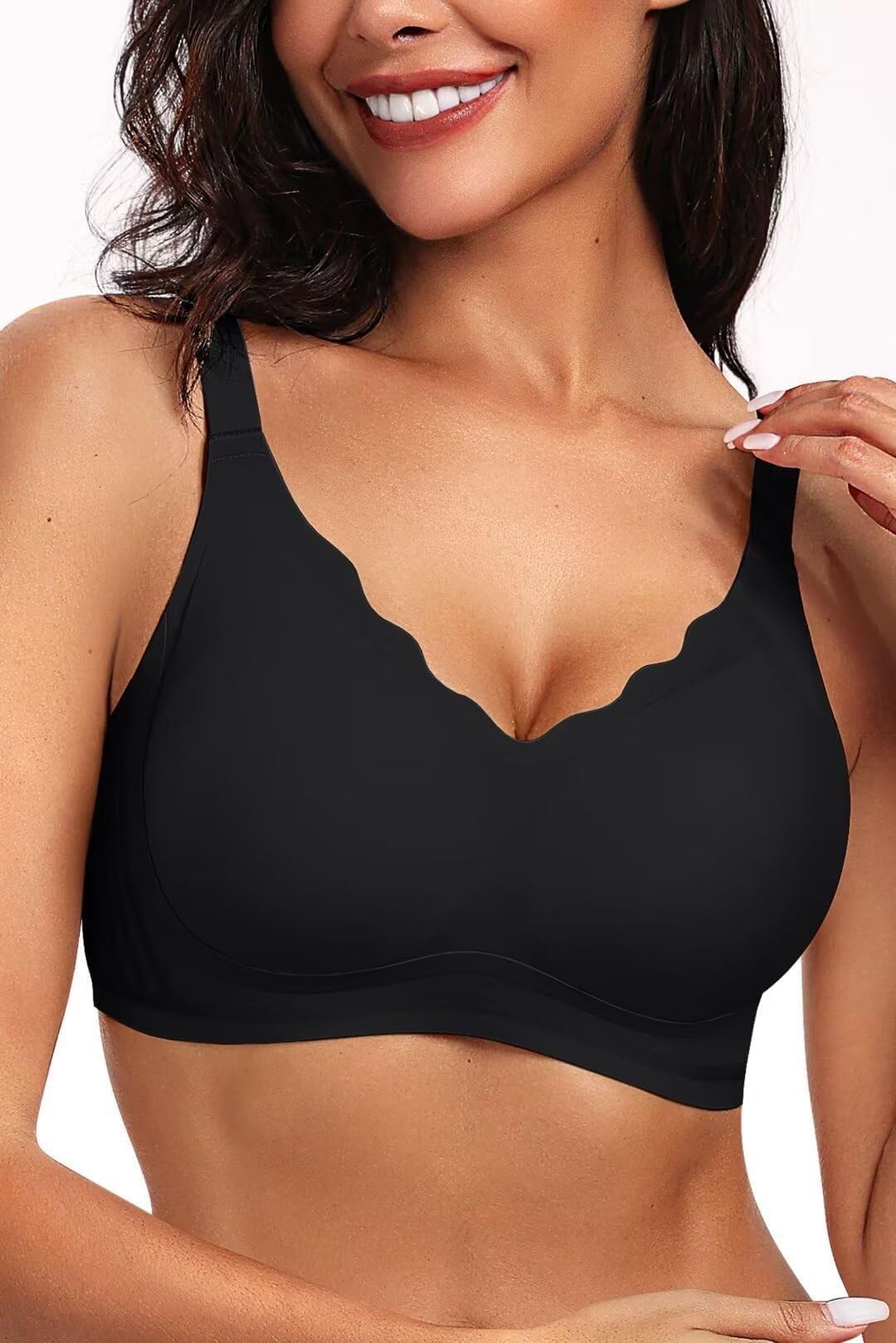 TERRIFI Women’s Wireless Jelly Bra, Size L, Seamless Full-Coverage Push-Up T-Shirt Bralette with W-Shaped Support Strip, Convertible Straps and Scalloped V-Neck, Recommended Weight 130–145 lb