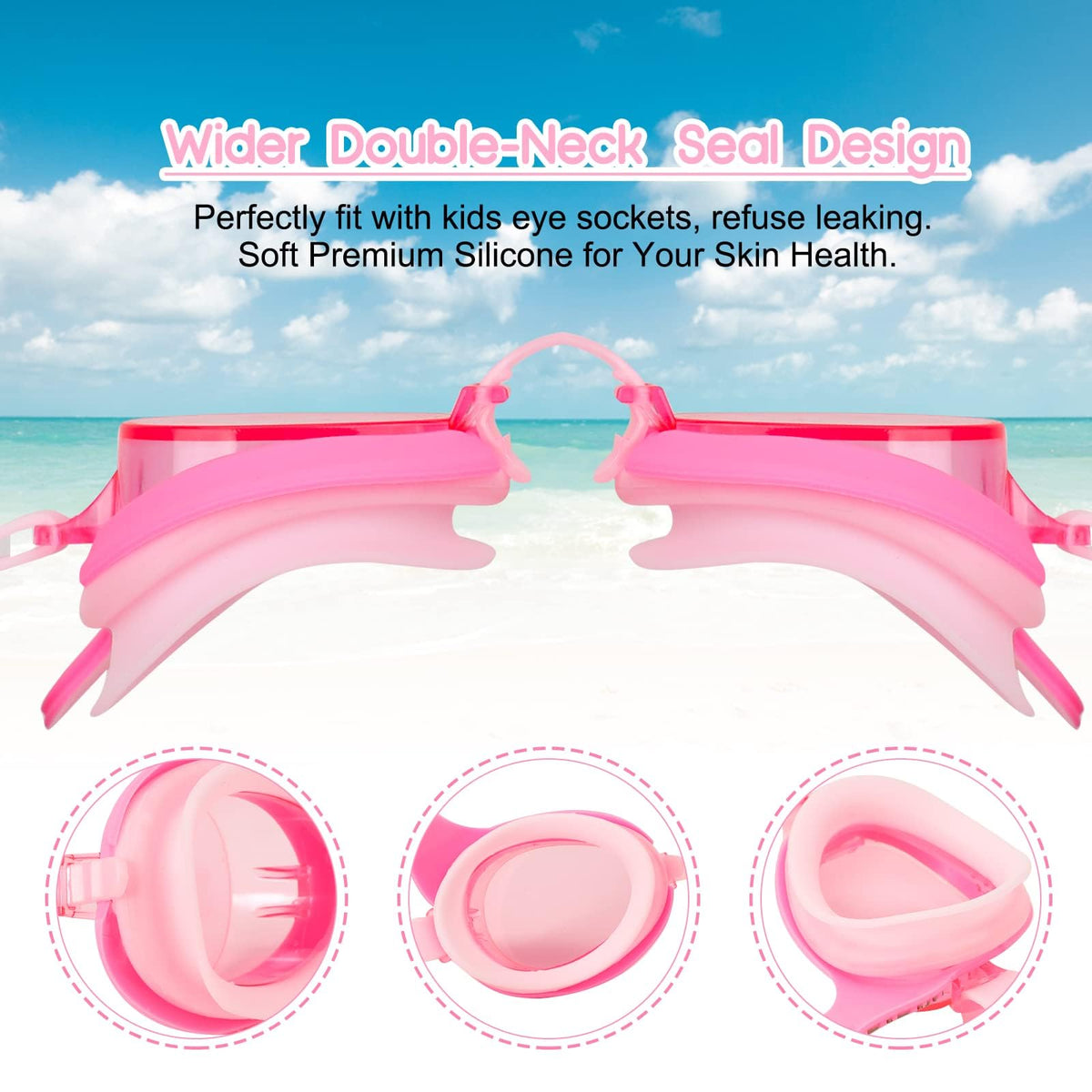 KASTWAVE Anti-Fog Swimming Goggles for Kids (Age 3-14) – Cute Mermaid Tail Design, UV Protection, Waterproof, with Ear Plugs, Nose Clip & Glasses Case