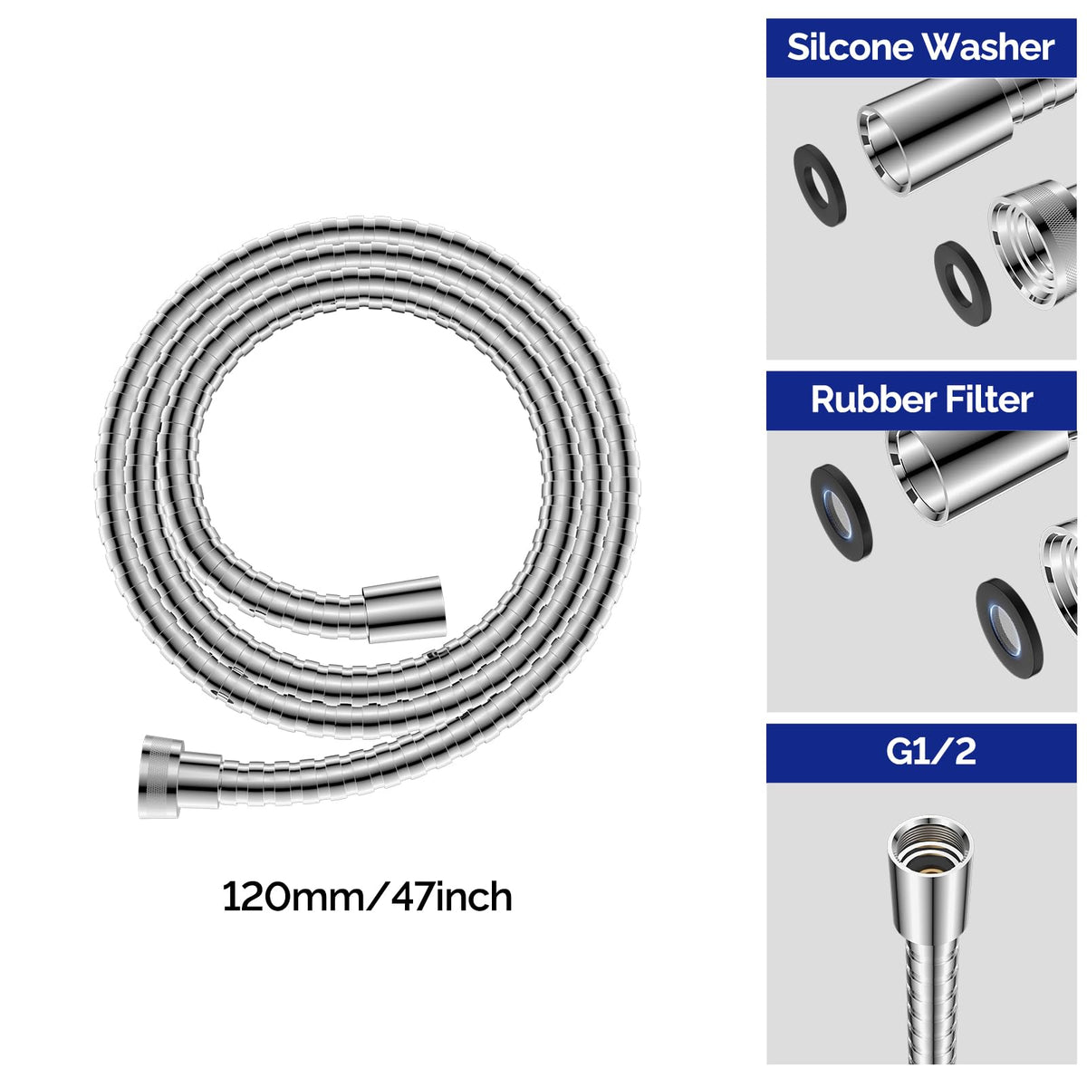 JOMOO 1.2M Stainless Steel Shower Hose, Flexible Anti-Kink Handheld Shower Head Hose with Solid Brass G1/2 Connectors, 360° Swivel Leak-Proof Replacement Bathroom Shower Hose, Chrome
