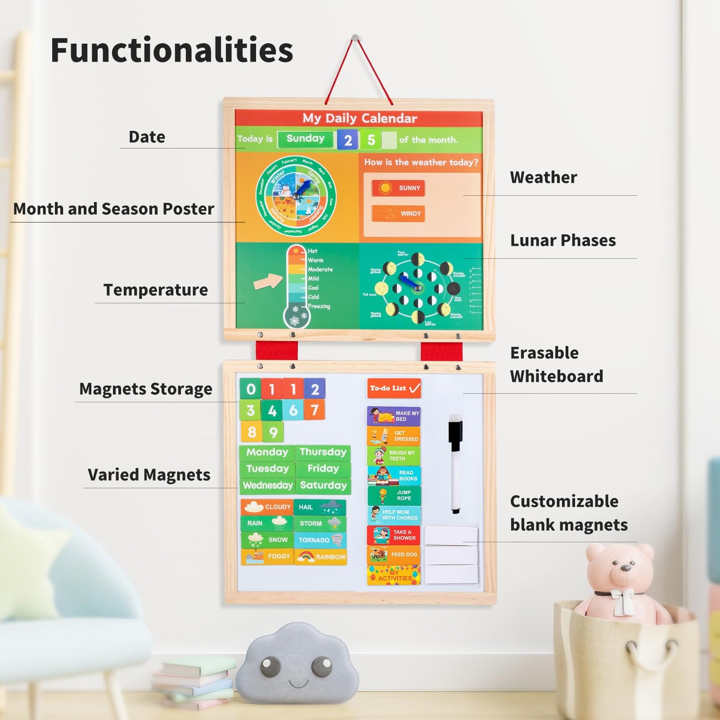 Interactive Wall Calendar for Kids, Magnetic Weather and Seasons Poster, Activity Planner for Boys and Girls - Medaid International