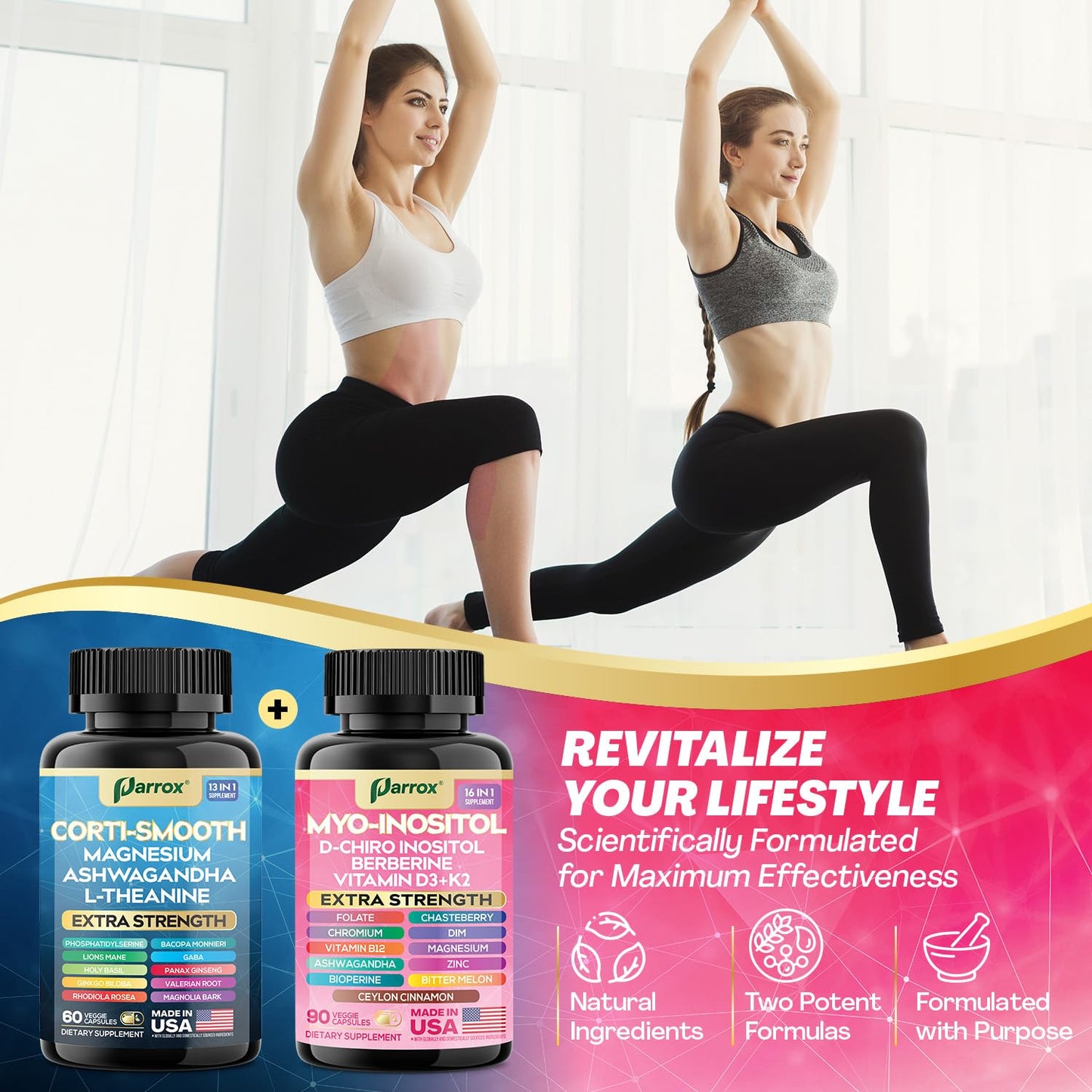 Parrox Cortisol & Myo-Inositol Supplement Bundle, Soothe & Smooth Bundle, Cortisol Balance, GABA, Magnesium, Ashwagandha, L-Theanine, D-Chiro Inositol, Folate, Berberine, Chasteberry, Zinc (2 Pack) - Medaid International