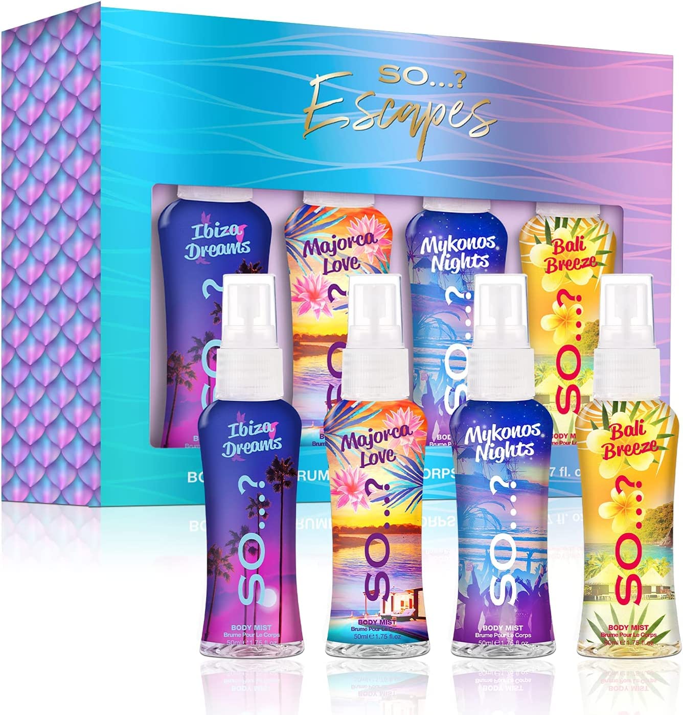 So...? Escapes Body Mist Set - Perfumes for Women - Everyday Body Spray for Women - Vegan, Cruelty Free Fragrances - Travel Size Gift Set - 4 pcs - Medaid International