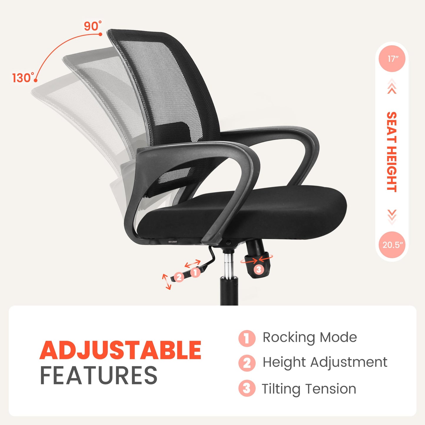 NEO Chair Office Desk Mesh Chair Ergonomic Computer Mid-Back Chair with Comfy Lumbar Support Wheels Swivel Adjustable Height Rolling for Home Vanity Bedroom Study (All Black) - Medaid International