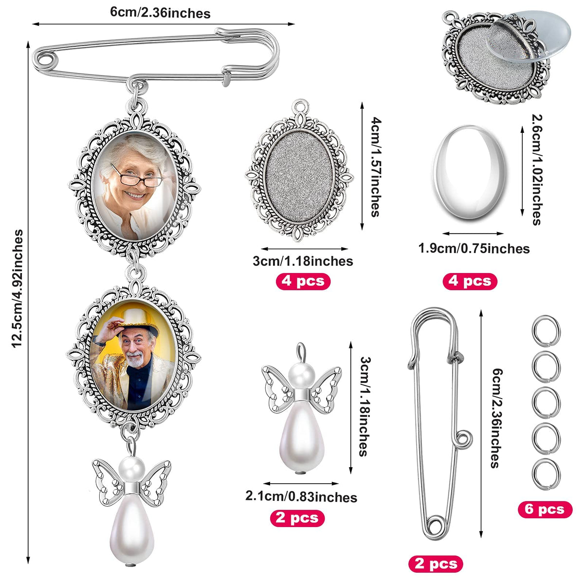 TERRIFI 2 Pcs Wedding Bouquet Photo Charm DIY Pin Brooch Making Kit Double Lacy Frame Wedding Charm 18 x 25 mm Oval Glass Cabochons Picture Frame with Pendant for Holiday Craft Use