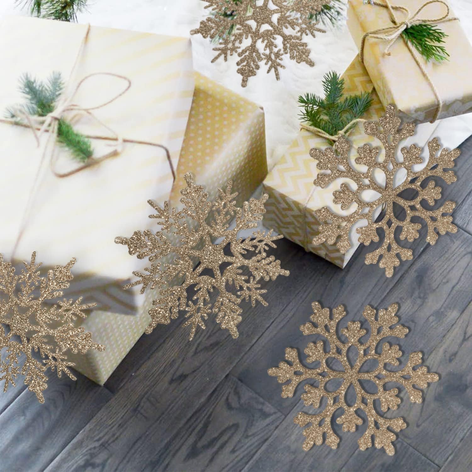 18Pcs Christmas Champagne Golden Snowflake Hanging Ornaments Plastic Glitter Snow Flakes Ornaments for Winter Christmas Tree Decorations Size Varies Craft Snowflakes - Medaid International
