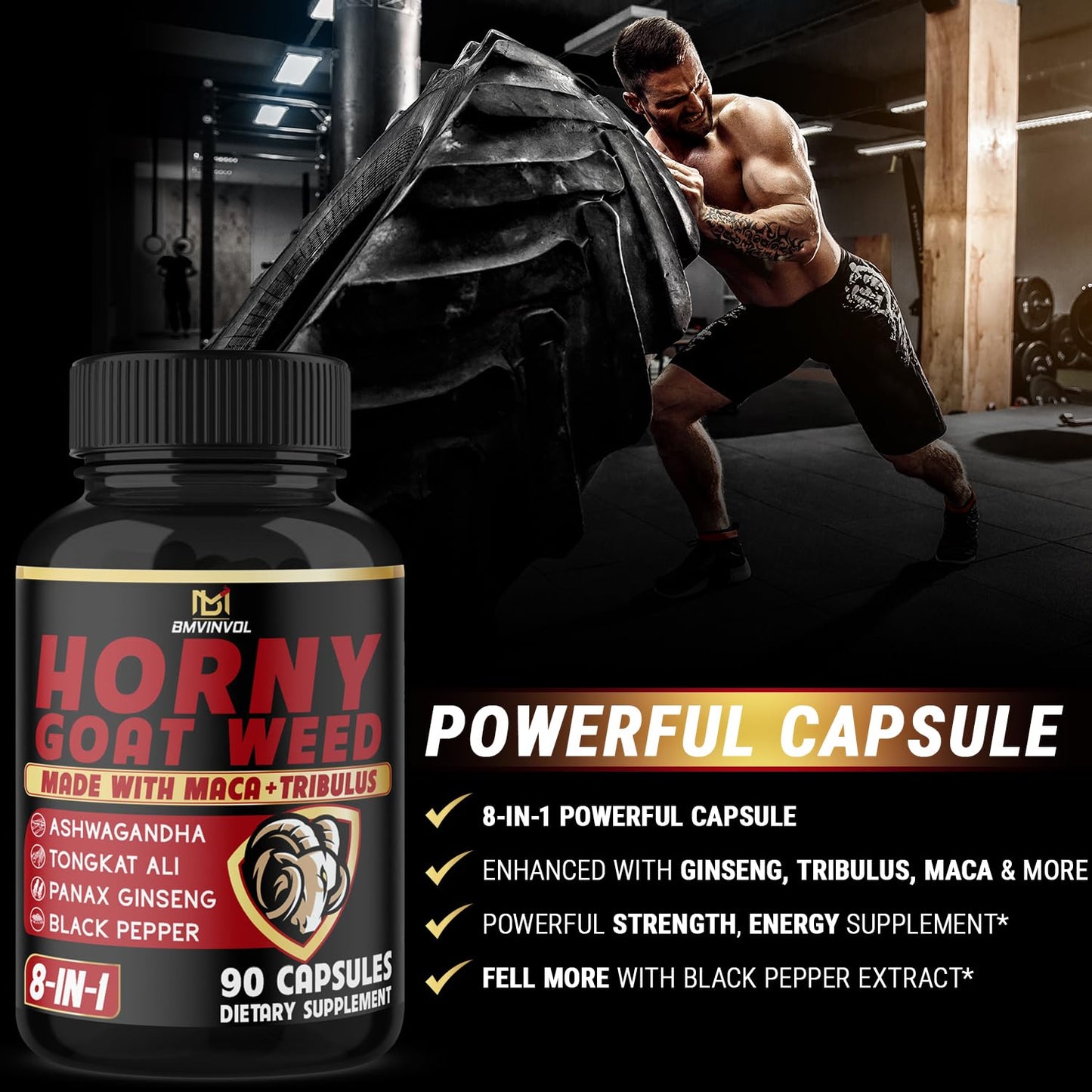 BMVINVOL Horny Goat Weed Capsules with Maca, Ginseng, Tribulus Terrestris, Ashwagandha, Black Pepper - 90 Count for 3 Month Supply - Medaid International