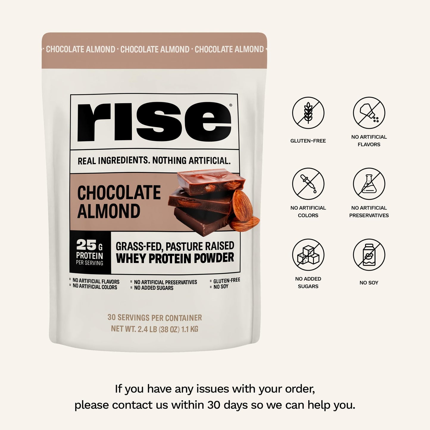 Rise Grass-Fed Whey Protein Powder - Chocolate Almond | 25g Protein No Artificial Flavors, Colors, or Preservatives - Sugar Free, Gluten-Free, Soy Free (2.4 lbs) - Medaid International