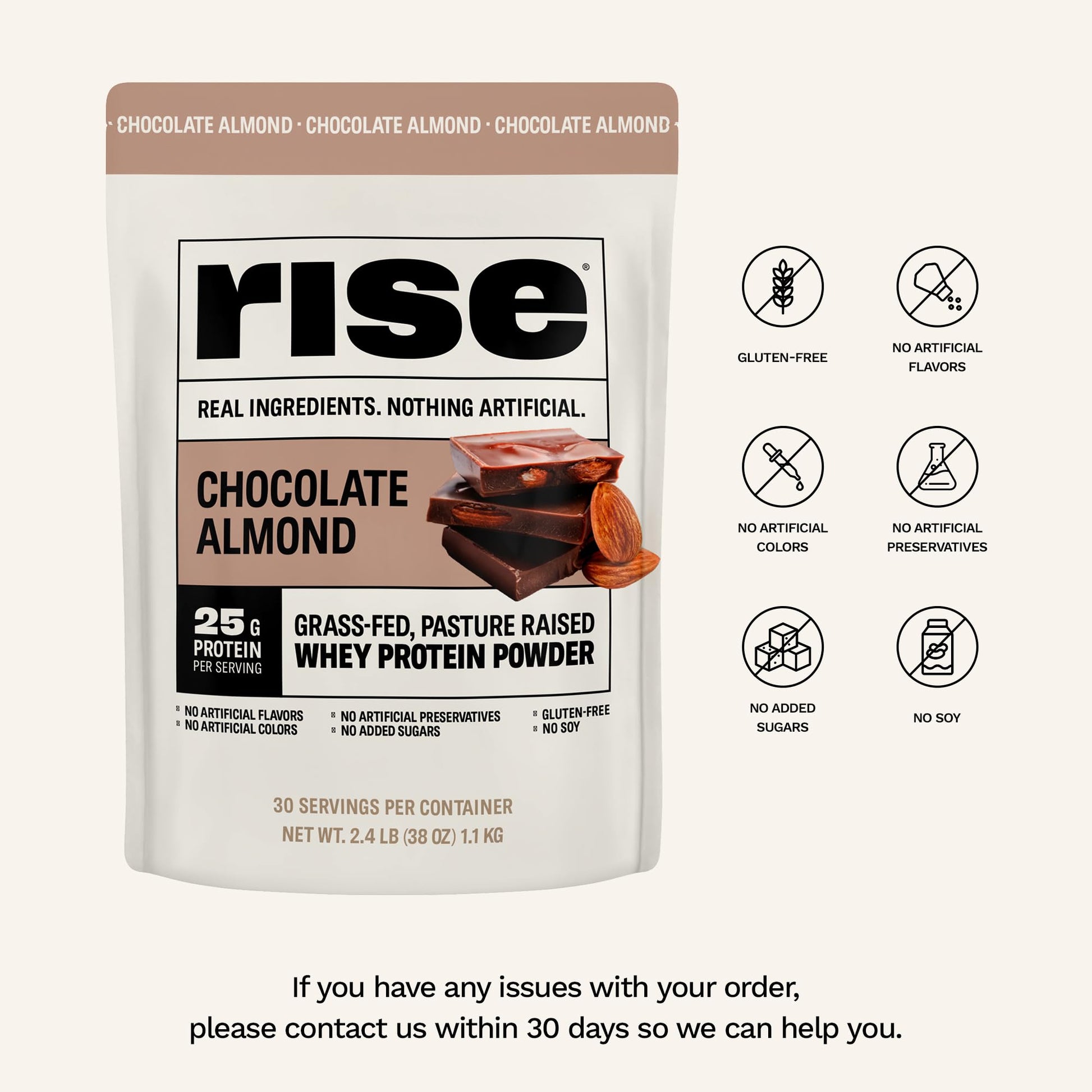 Rise Grass-Fed Whey Protein Powder - Chocolate Almond | 25g Protein No Artificial Flavors, Colors, or Preservatives - Sugar Free, Gluten-Free, Soy Free (2.4 lbs) - Medaid International