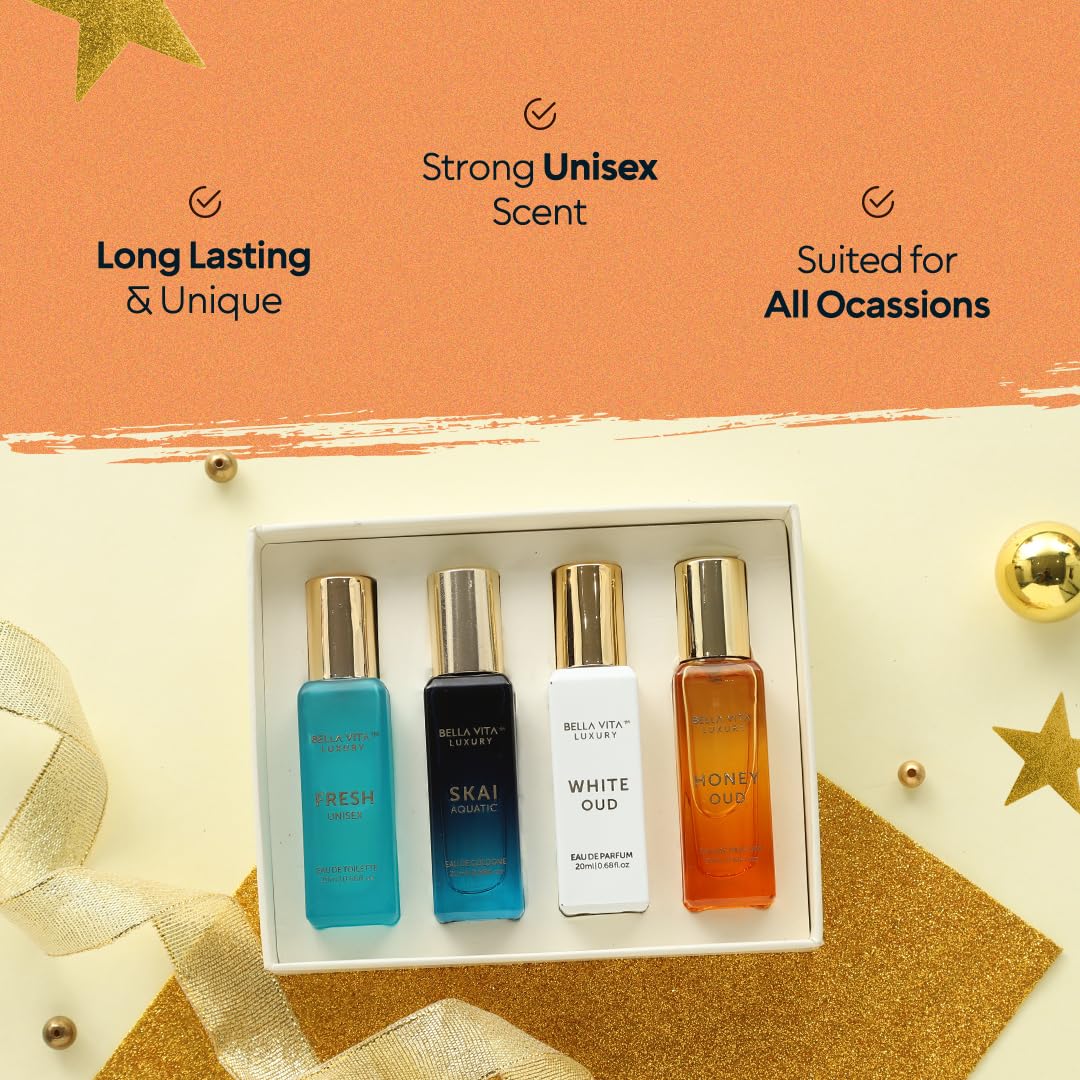 BellaVita Luxury Unisex Cologne Gift Set (4x20ml) | Fragrances Includes Honey OUD, SKAI, FRESH & White OUD | Travel Size Mini Perfumes & Spicy Vanilla Perfume Oil | Unisex Perfume for Women & Men - Medaid International