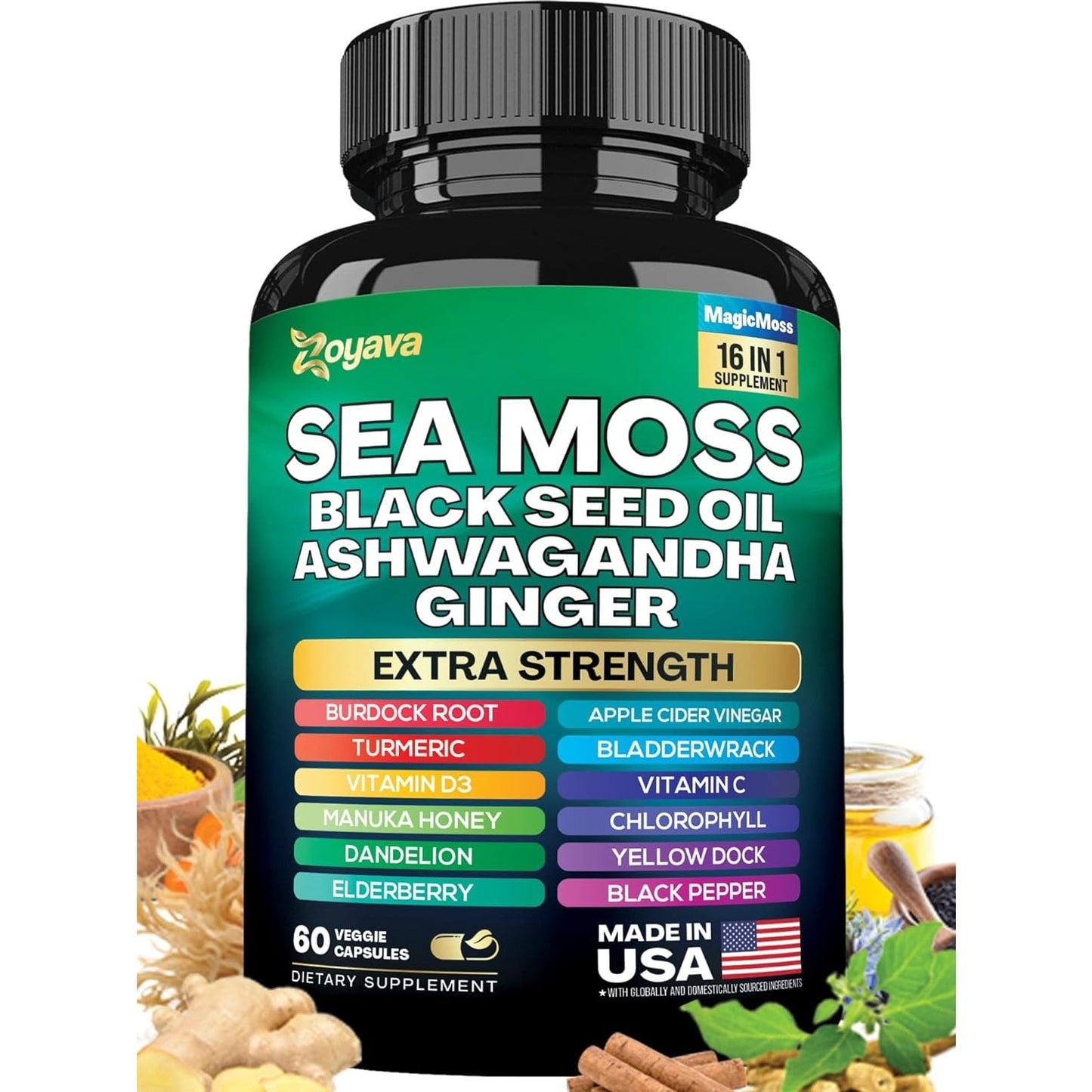 Sea Moss 7000mg Black Seed Oil 4000mg Ashwagandha 2000mg Turmeric 2000mg Bladderwrack 2000mg Burdock 2000mg & Ginger Vitamin C Vitamin D3 with Elderberry Manuka Dandelion Yellow Dock Chlorophyll ACV - Medaid International