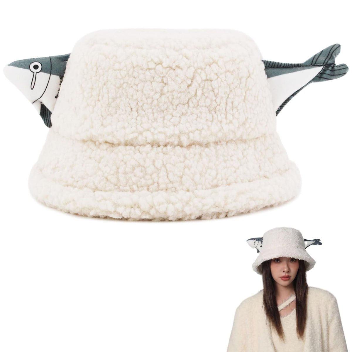 KASTWAVE Fuzzy Sherpa Bucket Hat for Men & Women, Funny Fish Design Teddy Style Winter Fisherman Cap, Warm & Cozy, Adjustable, White (Size M: 56-58cm)
