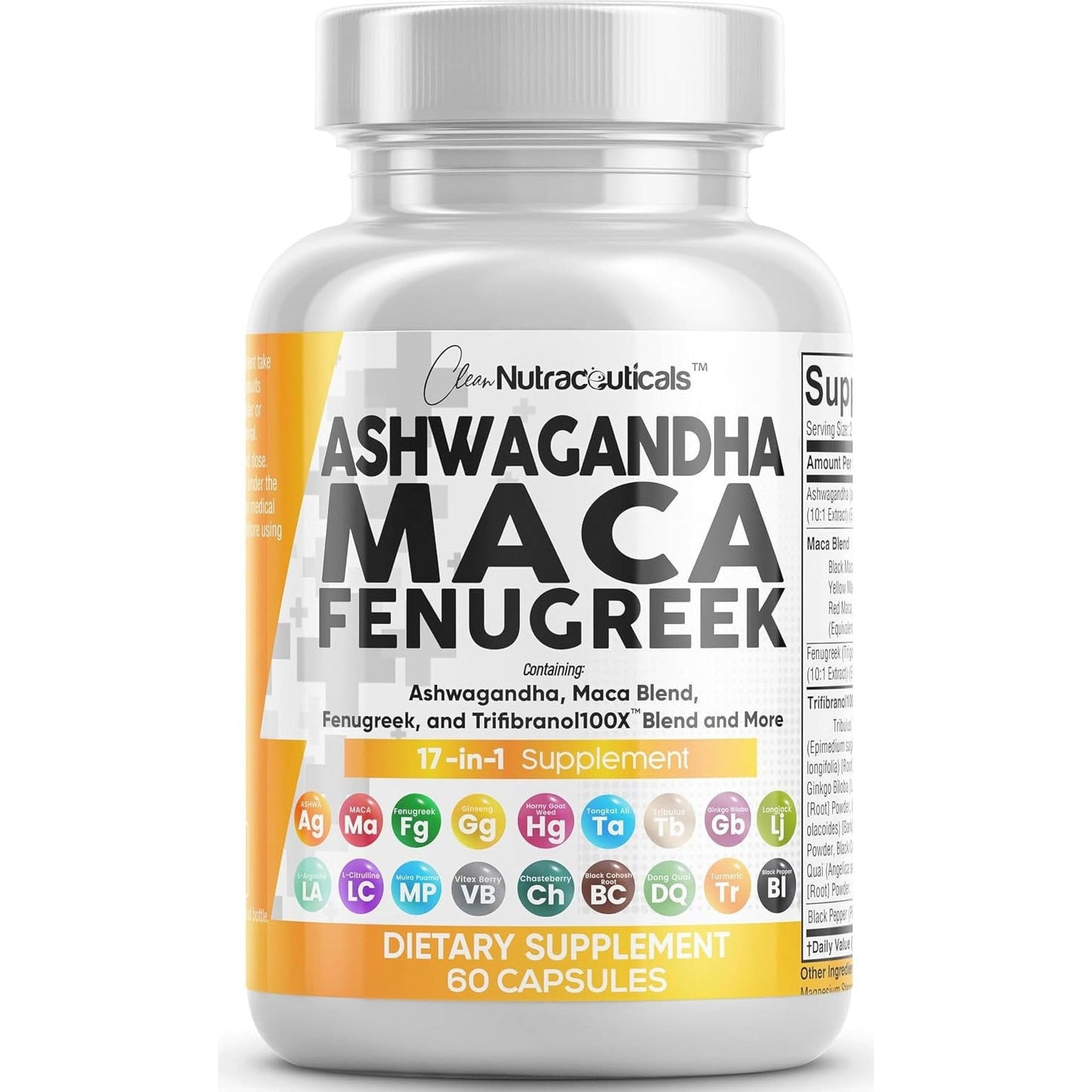 Clean Nutraceuticals Ashwagandha Maca Root Fenugreek Supplement with Tongkat Ali Ginseng - Assists with Stress, Mood & Thyroid - Ashwagandha Capsules Fenugreek Caps - 1 Pack - Medaid International