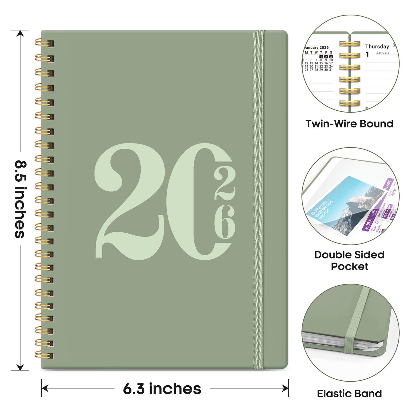 2026 Planner, Weekly and Monthly Calender Planner, Jan 2026 to Dec 2026, Hardcover 2026 Calendar Planner Book with Tabs & Inner Pocket, Office Home School Supplies for Women & Men - A5 (6.3" x 8.5"), Green - Medaid International