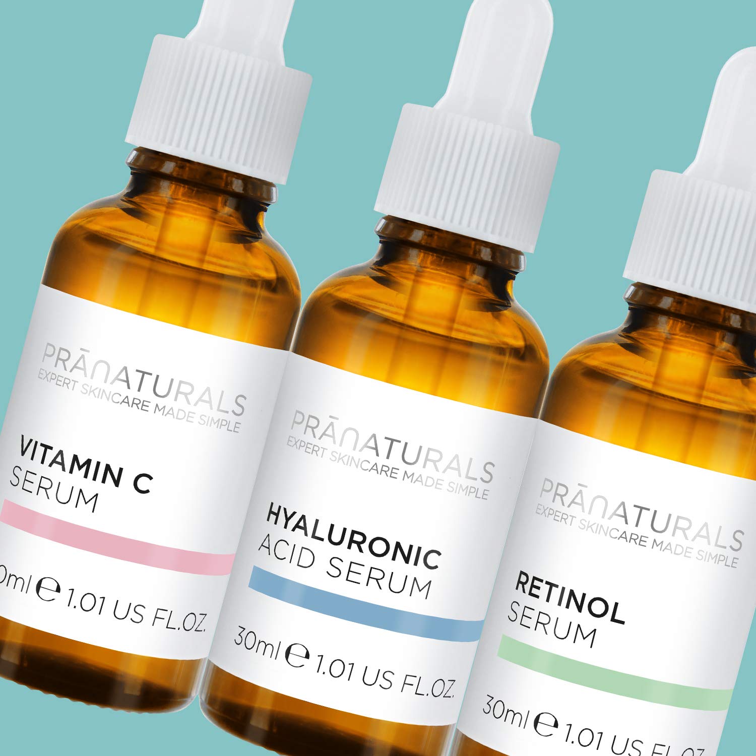 PraNaturals Skin Perfector Face Serum Kit 3x30ml – Hyaluronic Acid, Retinol & Vitamin C – Face Care Anti Ageing Lotion, Reduces fine lines and wrinkles, Enriched with natural oils and vitamins - Medaid International