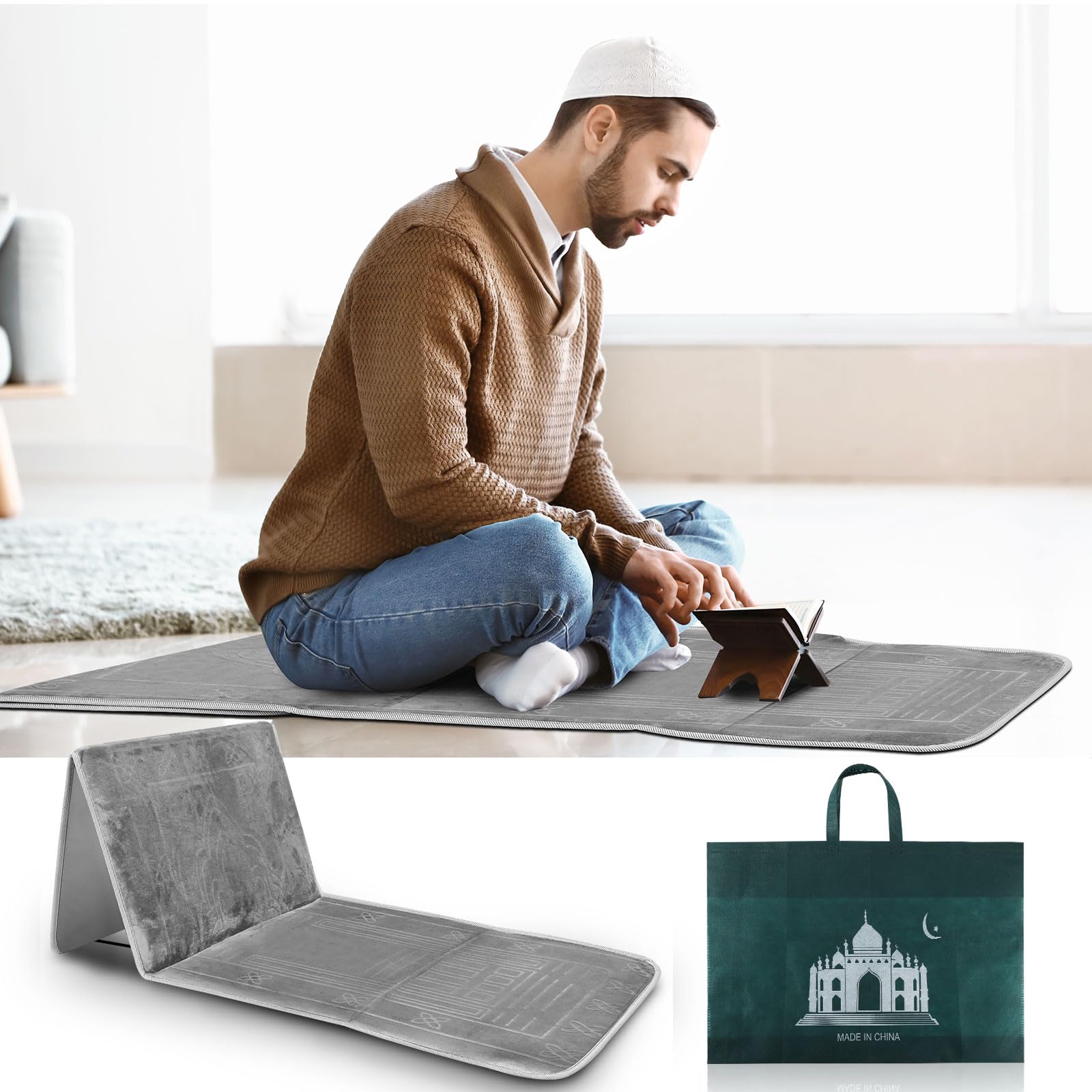 Timgle Foldable Prayer Mat Prayer Rug with Backrest Folding Meditation Chair with Storage Bag Soft Meditation Rug Praying Mat Praying Carpet for Rest Men Women Prayer Ramadan Eid, Muslim Gift (Gray) - Medaid International