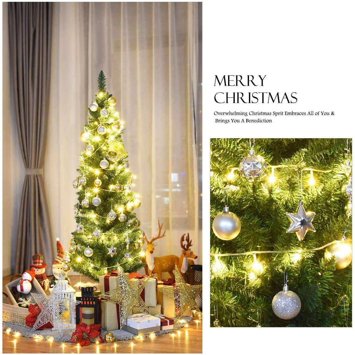 Giantex, Green Artificial Pencil Christmas, Premium Hinged Pine Tree with Solid Metal Legs, Perfect for Home, Shops and Holiday Decoration, (5FT) (Artificial Pencil Christmas Tree) - Medaid International