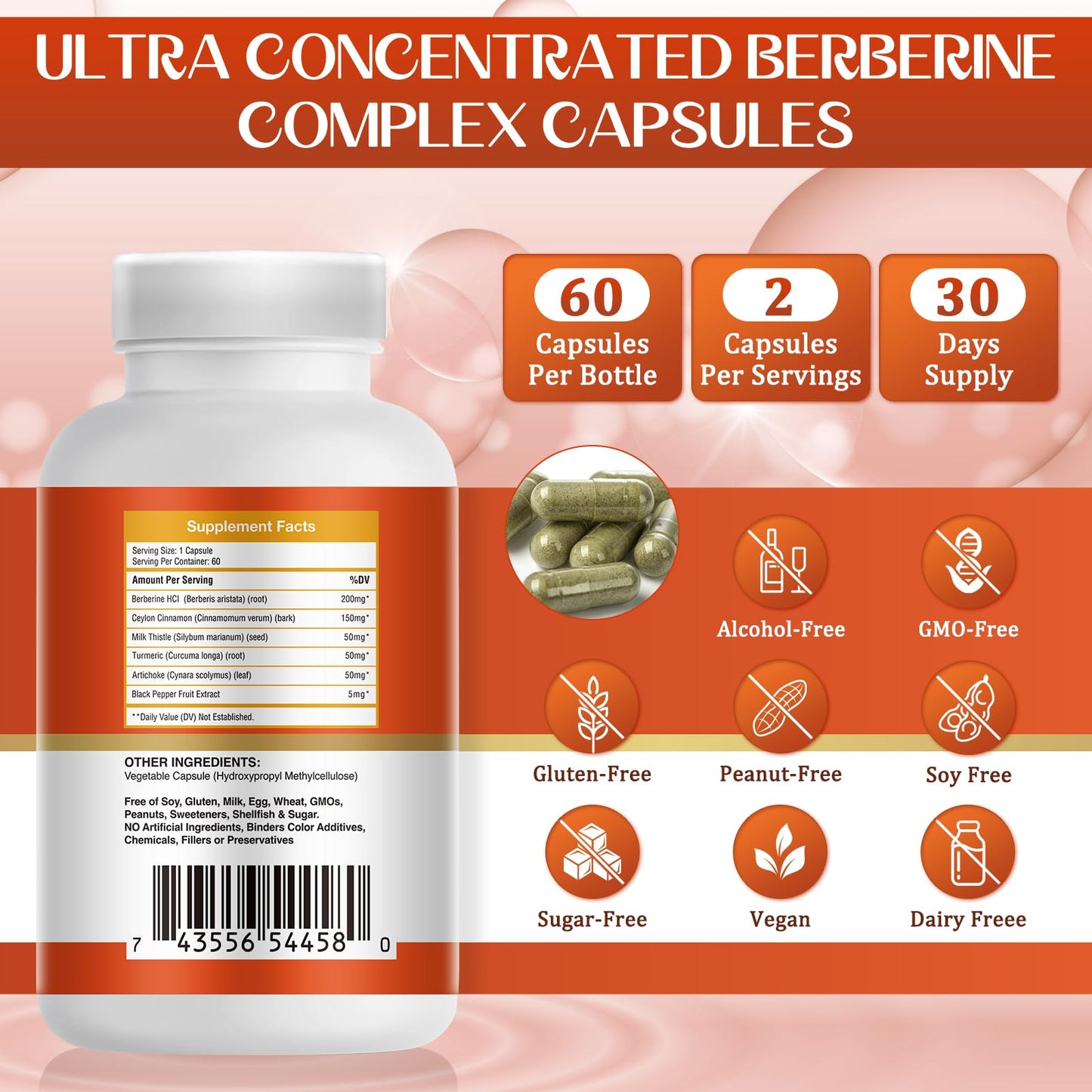 JUYIHEAL 2Pack Berberine with Ceylon Cinnamon, Turmeric, Milk Thistle, Artichoke, Black Pepper, Berberine Supplement for Support Immune System - 120 Capsules Berberine HCI - Medaid International