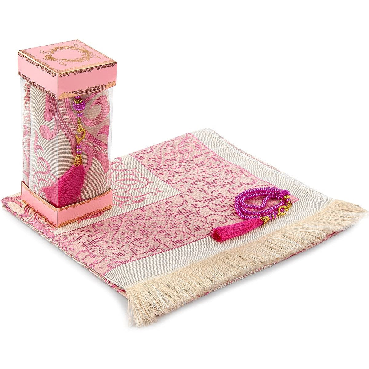 Muslim Prayer Rug and Prayer Beads with Elegant Gift Box | Janamaz | Sajadah | Soft Islamic Prayer Rug | Islamic Gifts Set | Prayer Carpet Mat, Taffeta Fabric, Pink - Medaid International