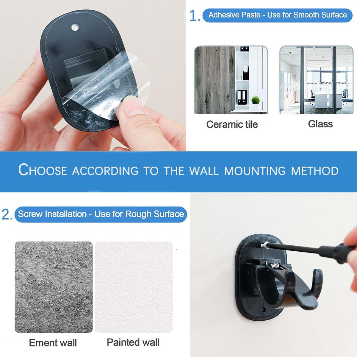 Terrifi Self Adhesive Curtain Rod Brackets, 4 Pcs Universal Plastic Holders, No Drill Hooks, For Bathroom, Bedroom, Livingroom, Kitchen (Black)