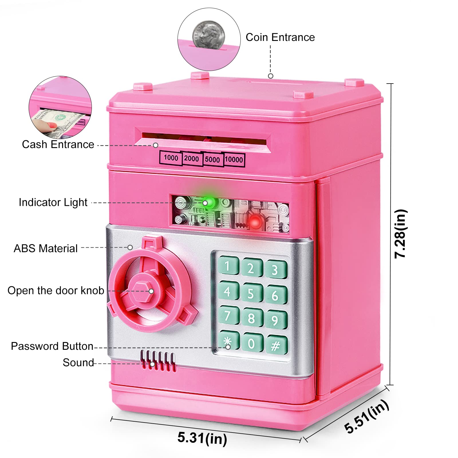 Refasy Electronic Piggy Bank Money Safe Password Money Box for Kids Ages 3+, ATM Bank Safe Coin Cash Banks Money Saving Box, Birthday for Girls 3 4 5 6 7 8 9 10 12 Years Old (Pink) - Medaid International