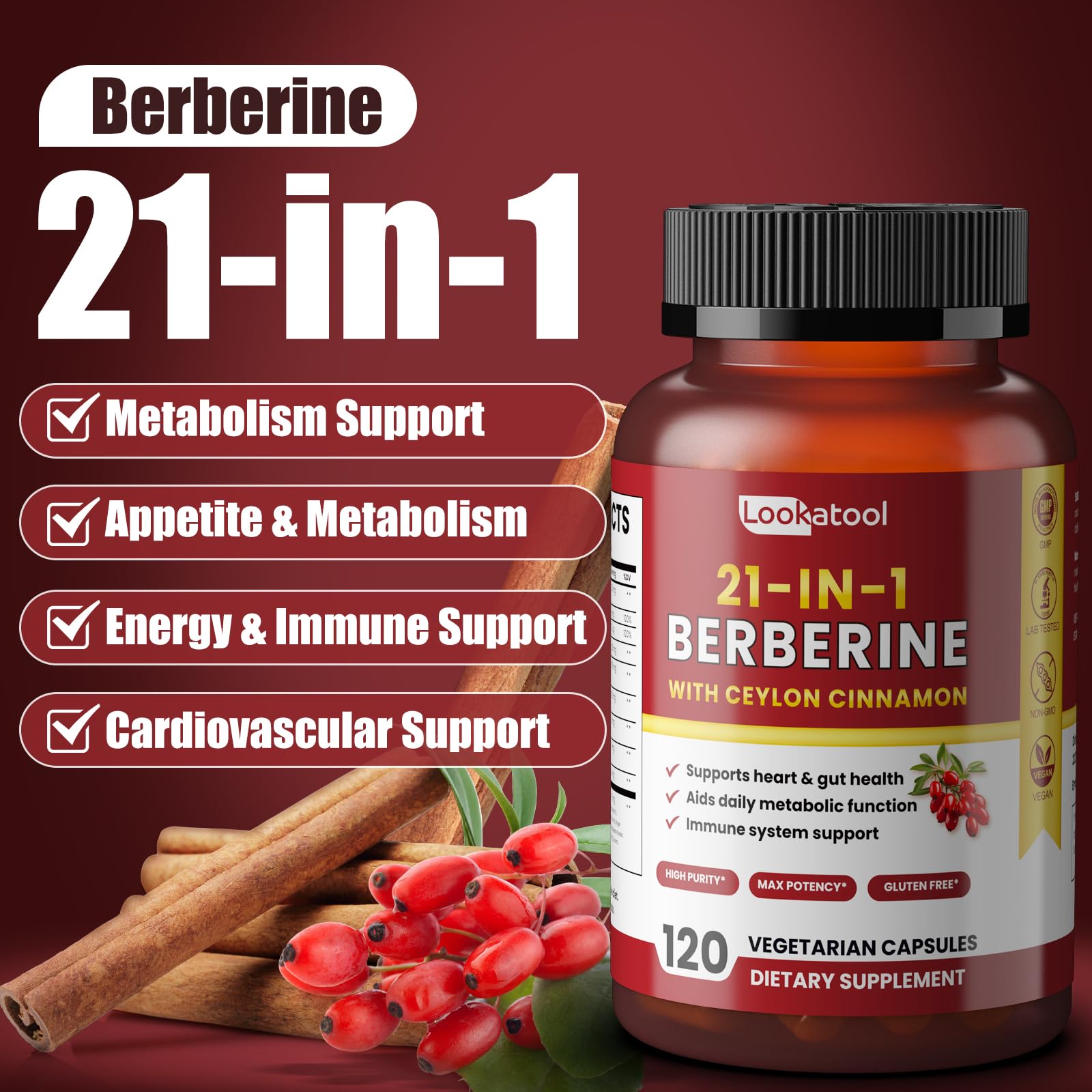 Lookatool 21-in-1 Berberine Supplement with Ceylon Cinnamon - Organic Berberine HCL Phytosome, 5X Higher Absorption for Metabolism Support 120 Capsules - Medaid International