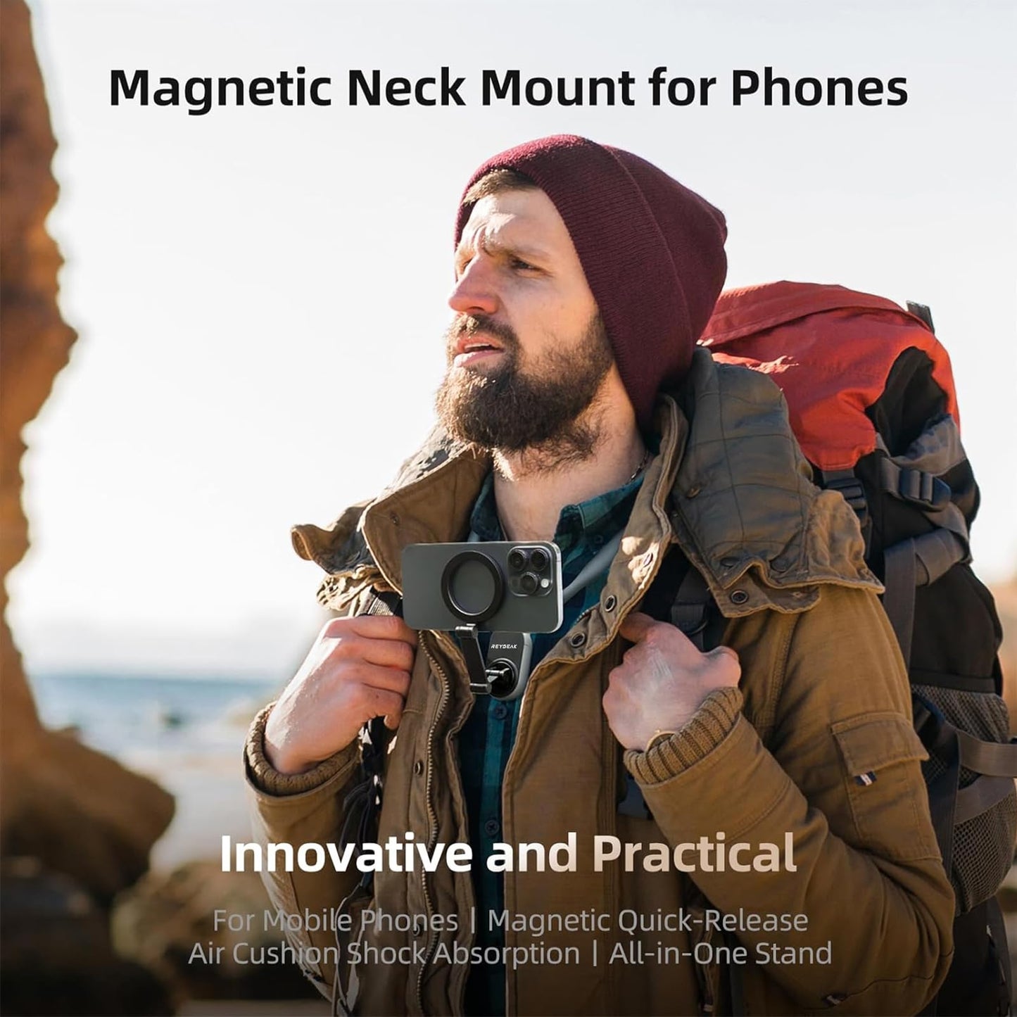 REYGEAK Magnetic Neck Phone Mount,2024 New POV/Vlog Phone Holder for Magsafe iPhone 16/15/14/13/12 Pro Mini/Plus/Pro/Pro Max,Hand Free Chest Stand Video Recording for Android Phone Accessory(Grey) - Medaid International