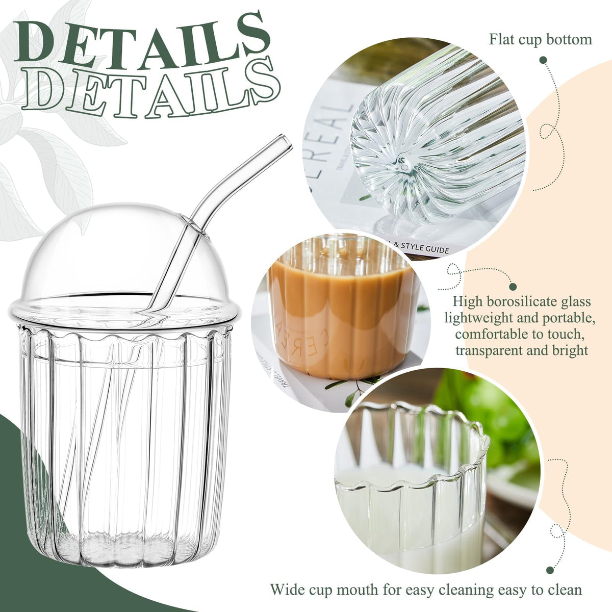TERRIFI Glass Tumbler Set with Dome Lid and Straw, 15 oz Reusable Smoothie Coffee Drinking Glass Cup, Ideal for Home and Office Use, 2 Pcs