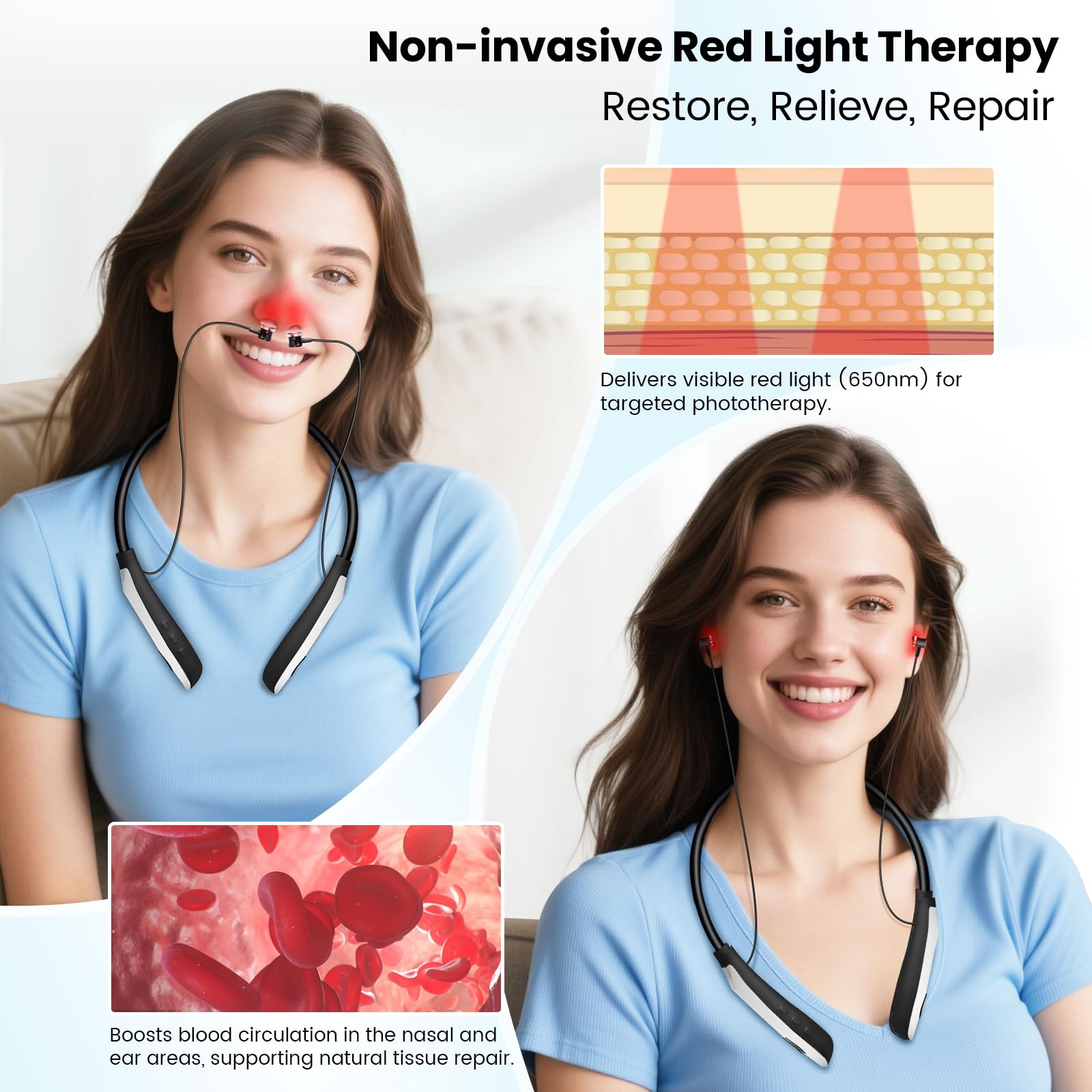 Red Light Therapy for Nose & Ears, 2-in-1 Infrared Nasal Therapy Device, Red Light Therapy for Ear Relief, Portable Light-weight Soothing Device with Neck-Hanging Design, Auto Timer, Rechargeable - Medaid International