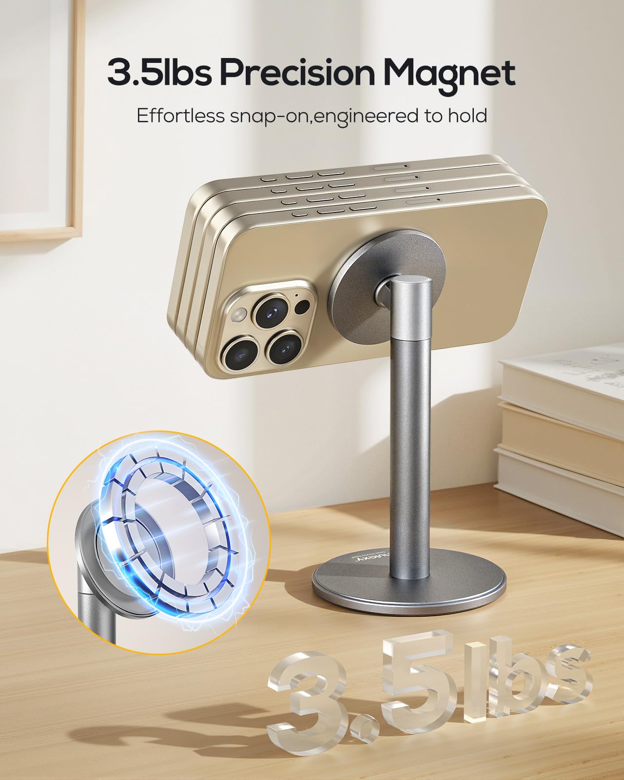 Nulaxy Magnetic Full Aluminum Cell Phone Stand for MagSafe with Metal Ring, 360 Rotating Phone Stand for Desk, Office Desk Accessories, Adjustable Phone Holder Compatible with All Phones, Gray - Medaid International