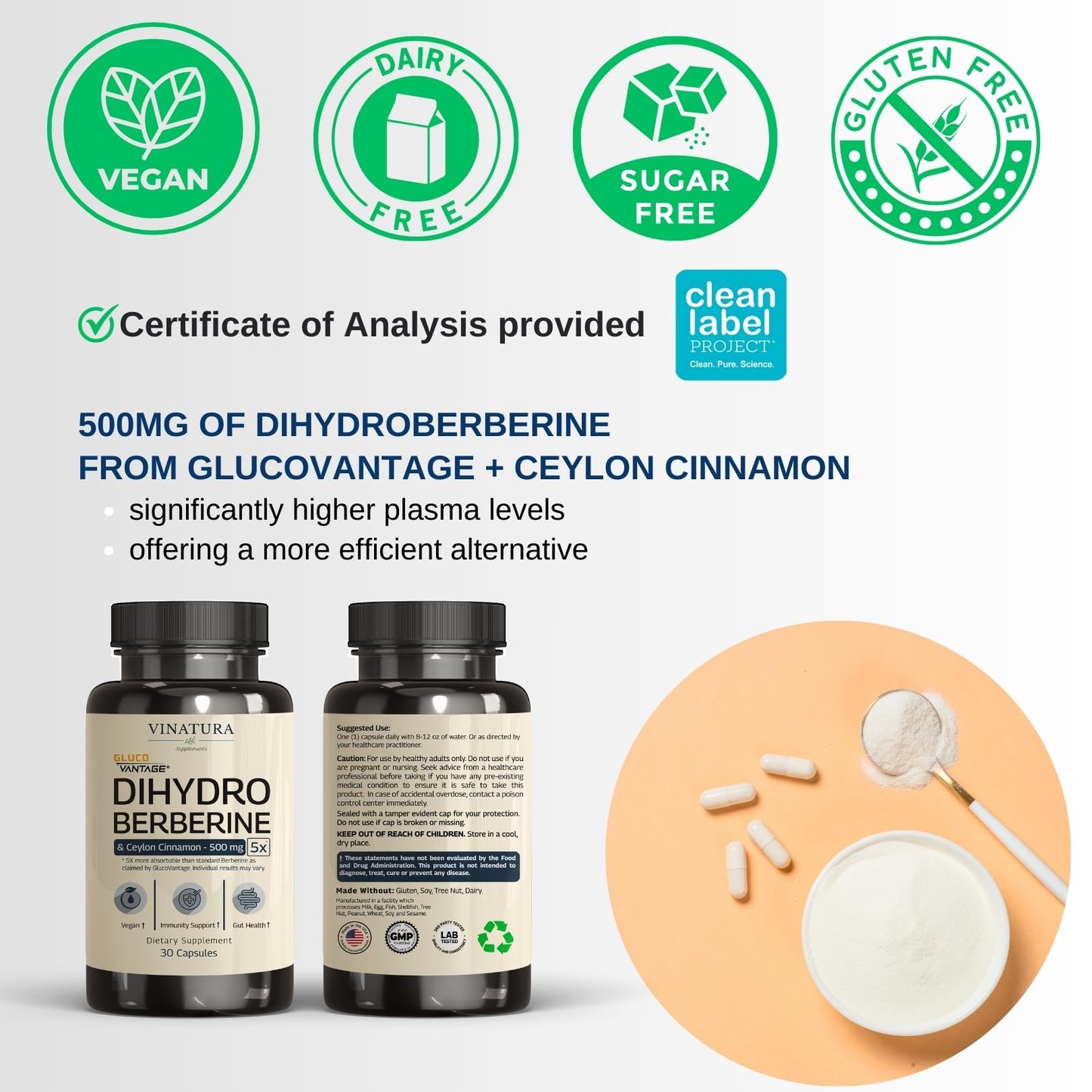 VINATURA Dihydroberberine Supplement with Ceylon Cinnamon, 500mg - (Patented GlucoVantage Super Berberine), Maybe Berberine 5X More absorbable - 30 Capsules - Medaid International