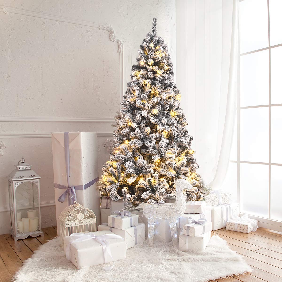 Artificial Christmas, Premium PVC Xmas Full, Flocked Snow Pine Tree with Solid Metal Stand, Ideal for Indoor and Outdoor (6FT), White, Christmas Tree - Medaid International