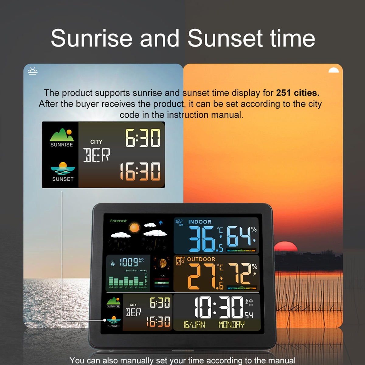 KASTWAVE Weather Station Wireless Indoor Outdoor Thermometer, Color Display Digital Weather Thermometer with Atomic Clock, Barometric Pressure, Forecast Station with Adjustable Backlight