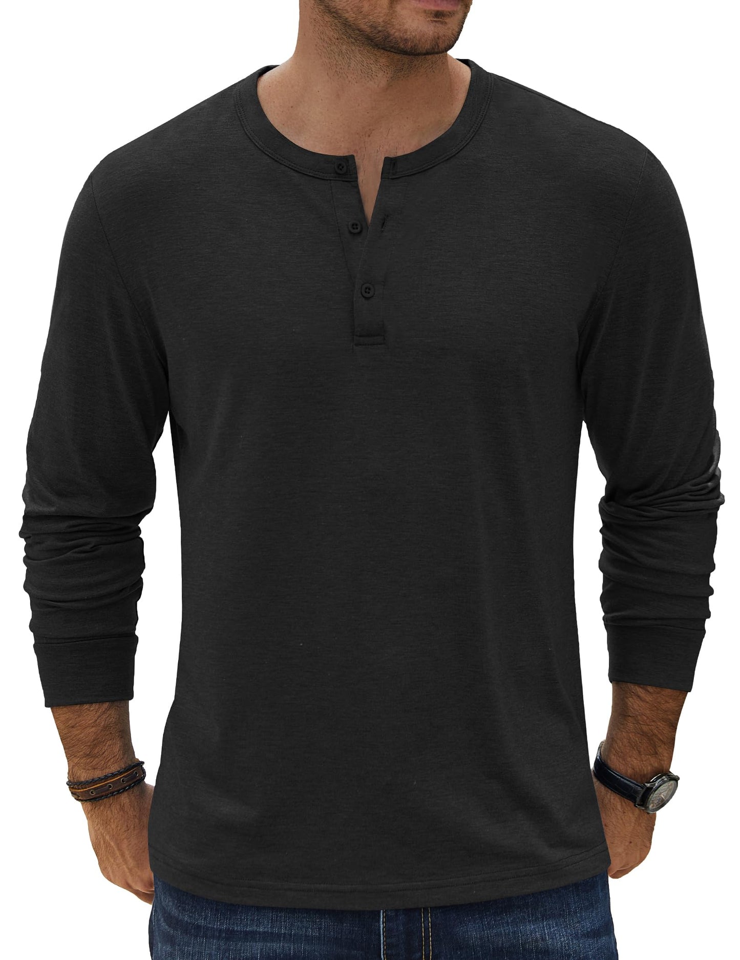 COOFANDY Men's Henley Shirts Long Sleeve Casual Basic Solid Tees Soft Stretch Lightweight T-Shirt Fall Fashion Henley Top Black - Medaid International