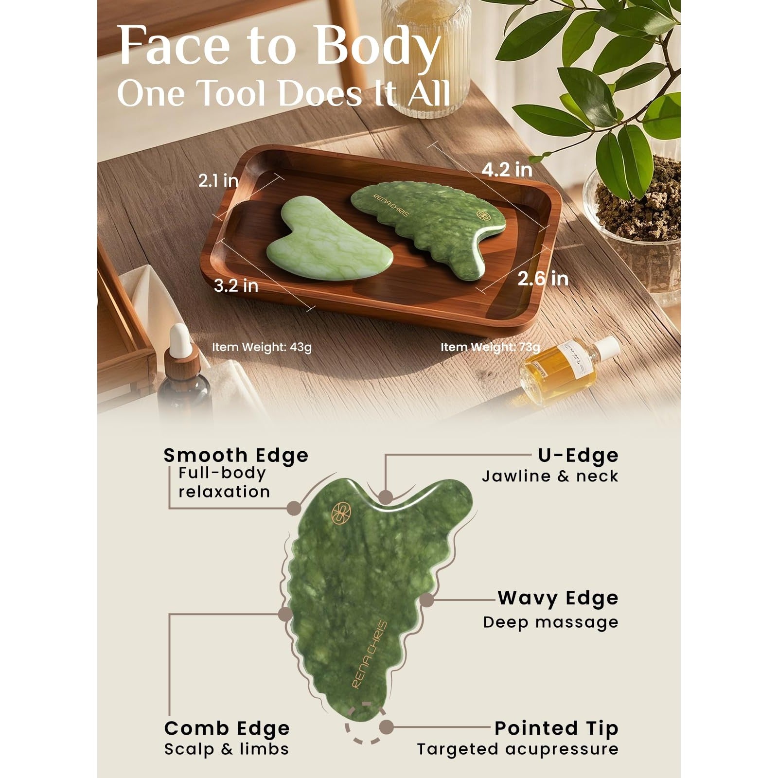Rena Chris Body Gua Sha Tools, Natural Xiuyan Jade Guasha Tool, Manual Massage Sticks for Jawline Sculpting and Puffiness Reducing, Whole Body Skin Care Massager (Green) - Medaid International