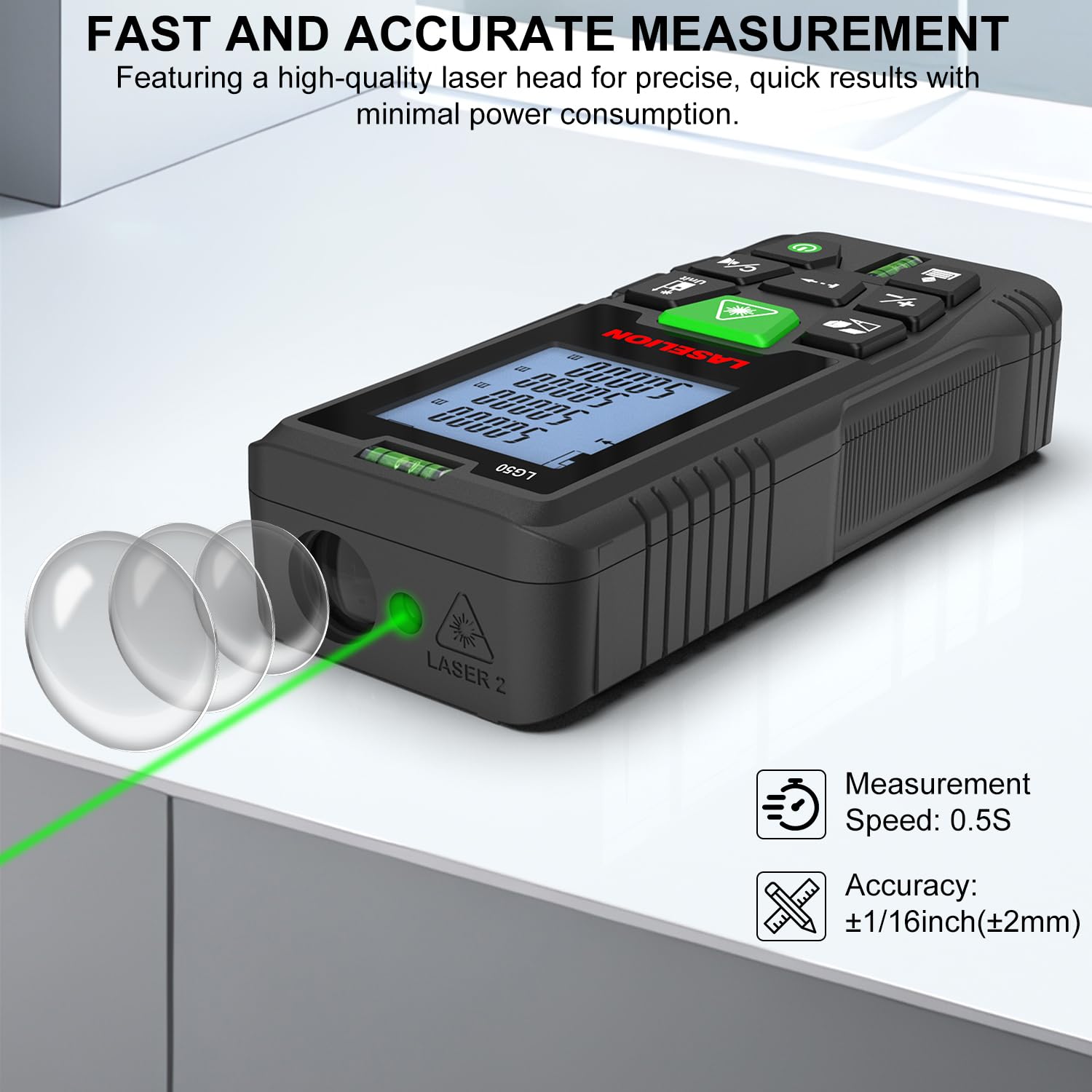 LASELION Laser Measurement Tool,165ft Green-Beam Laser Measure Device Portable M/in/Ft Unit Switching Backlit LCD Laser Distance Measure for Pythagorean Mode,Measuring Distance,Area,Volume-LG50 - Medaid International
