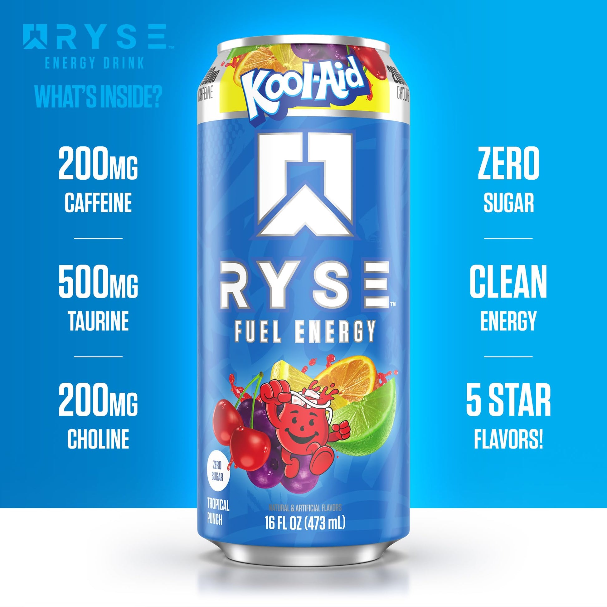 RYSE Fuel Energy Drink - Kool-Aid Tropical Punch - Sugar Free, Gluten Free & Vegan - 200mg Natural Caffeine, Taurine & Choline for Focus & Energy - No Artificial Colors - 16 fl oz Cans (12-Pack) - Medaid International