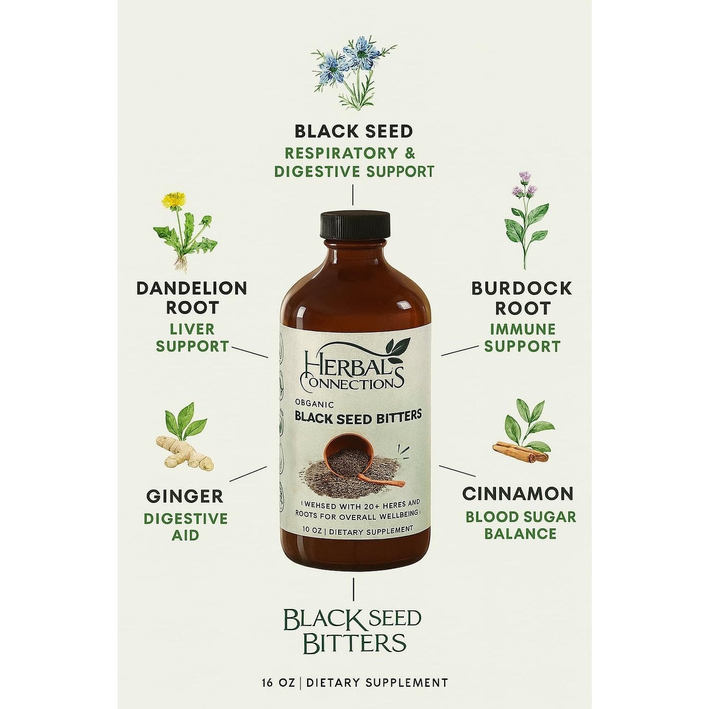 Organic Black Seed Bitters with Maca and Honey - Infused with 20+ Herbs and Roots - Vegan and Gluten-Free 16 Ounces - Medaid International