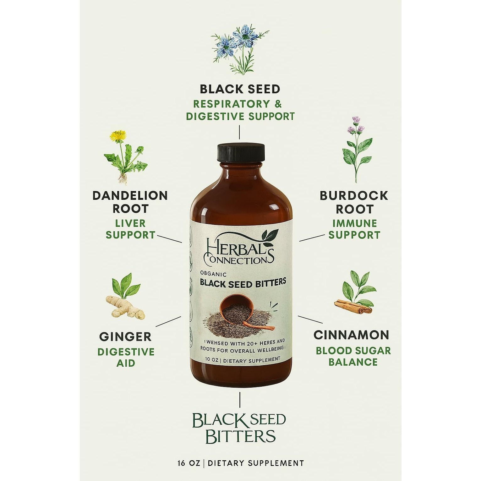 Organic Black Seed Bitters with Maca and Honey - Infused with 20+ Herbs and Roots - Vegan and Gluten-Free 16 Ounces - Medaid International
