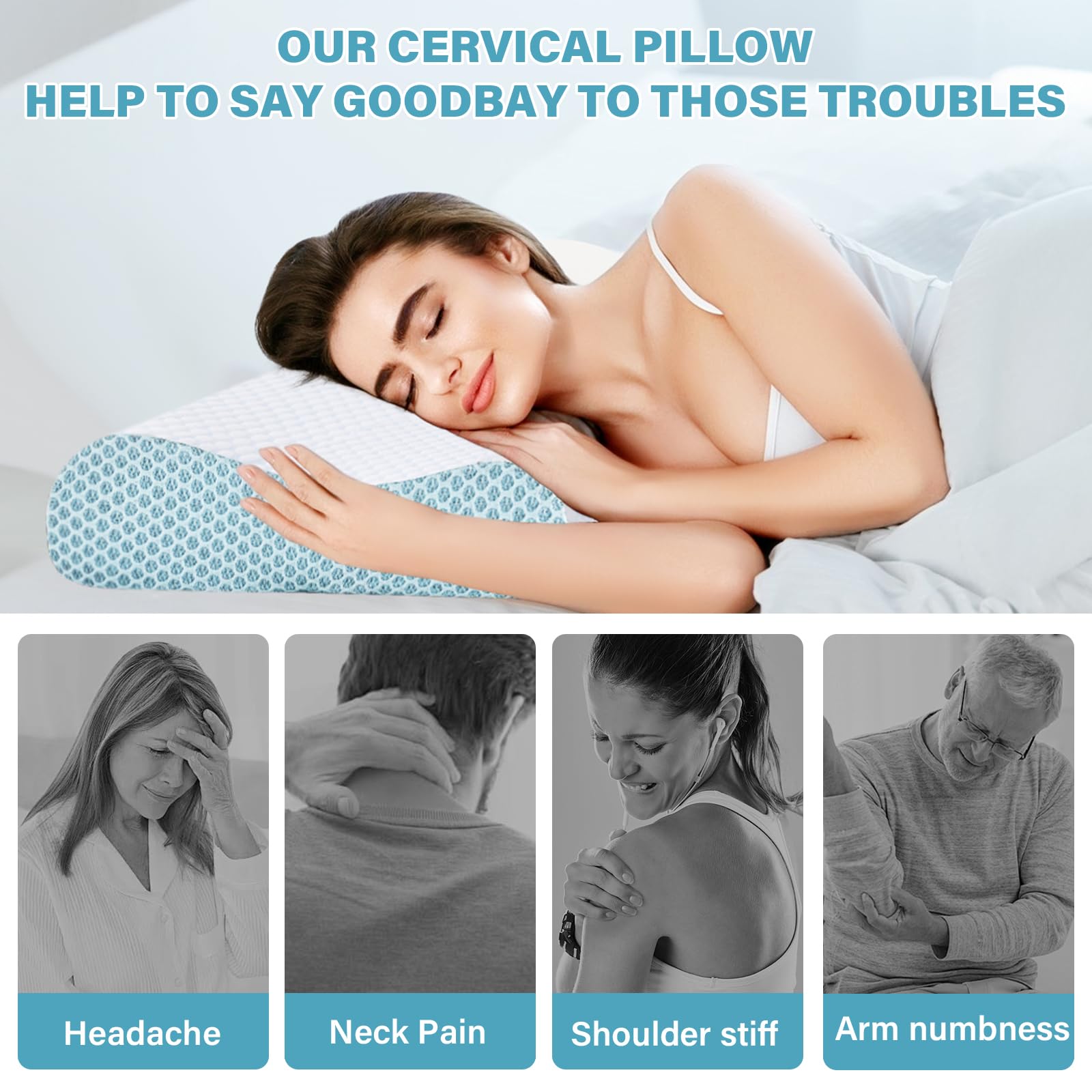 2 Pack Memory Foam Cooling Bed Pillows for Sleeping, Ergonomic Cervical Pillow for Neck and Shoulder Pain Relief, Adjustable Cold Pillow Set of 2,with Pillowcase（Blue） - Medaid International