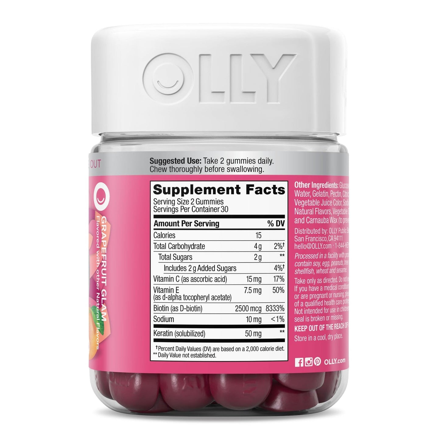 OLLY Undeniable Beauty Gummy, For Hair, Skin, Nails, Biotin, Vitamin C, Keratin, Chewable Supplement, Grapefruit, 30 Day Supply - 60 Count - Medaid International