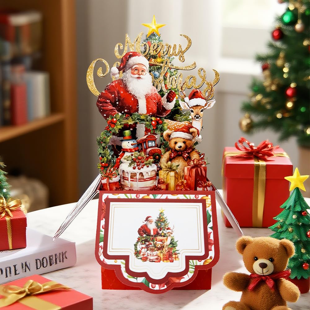 Vintage 4-Layer Christmas Greeting Card with Santa Claus, Reindeer & Tree Design - Paper Holiday Card with Envelope, Festive Holiday Party Invitation for Friends & Family - Medaid International