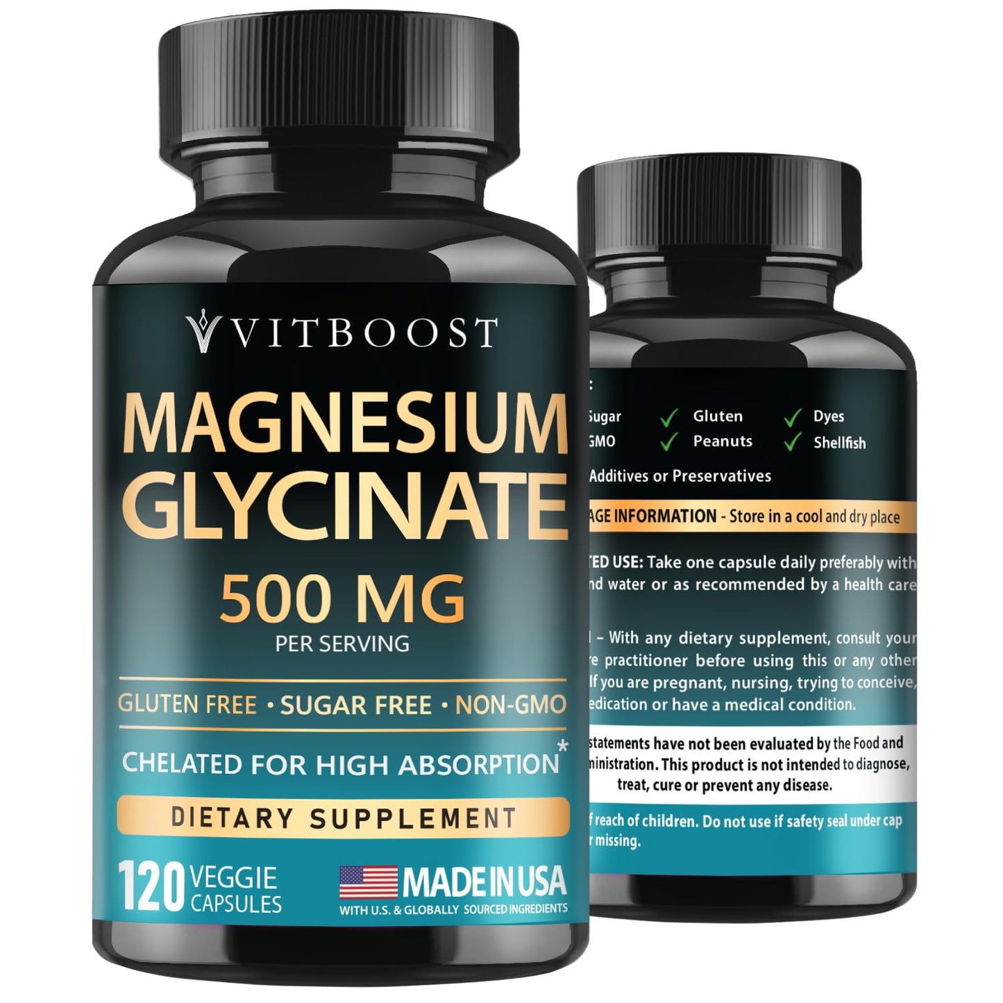 VitBoost Magnesium Glycinate 500mg – High Absorption Chelated Supplement – Supports Sleep, Muscle Recovery & Heart Health – Non-GMO, Vegan – 120 Capsules – Made in USA - Medaid International