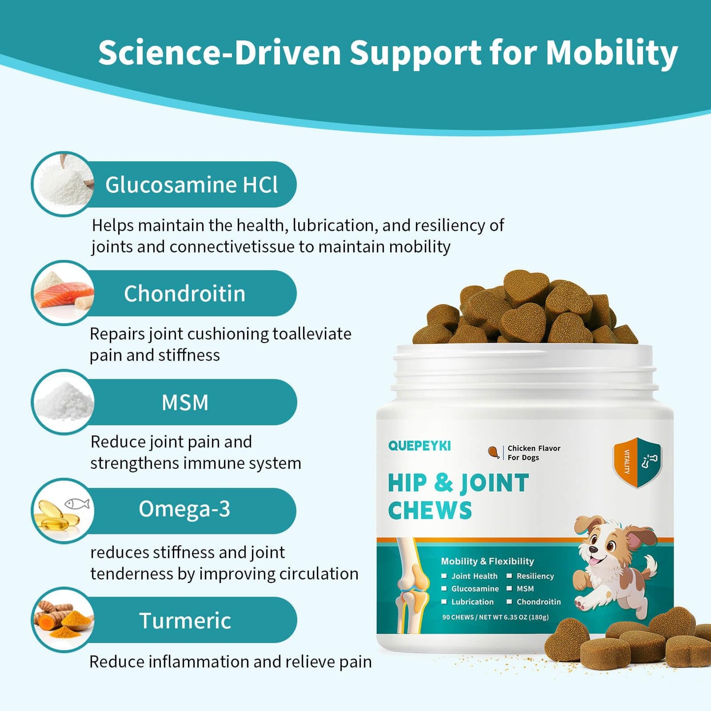 QUEPEYKI Glucosamine Chondroitin MSM for Dogs – Hip and Joint Soft Chews with Green Lipped Mussel, Eggshell Membrane & Hyaluronic Acid – Senior Dog Mobility Support – Real Chicken Flavor, 90 Count